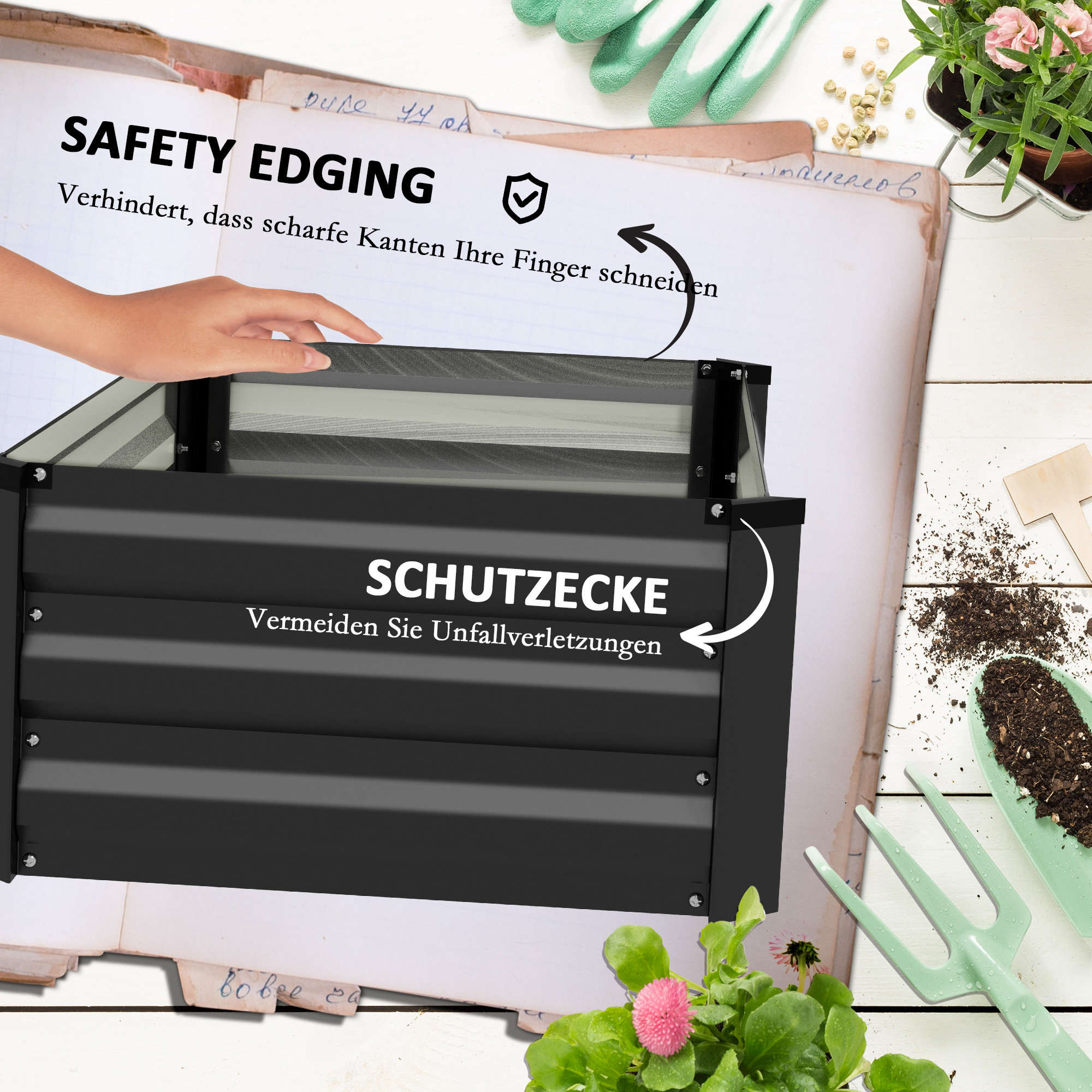 Hochbeet Gartenbeet Kräuterbeet, wetterbeständig, offener Boden, 100 x 60 x 30 cm, Dunkelgrau