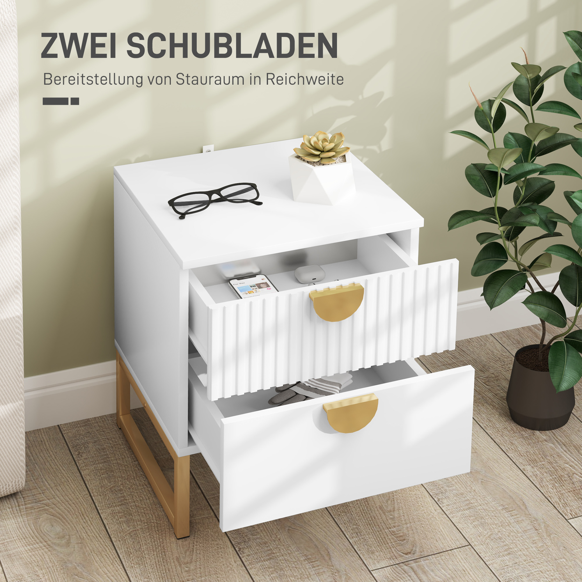 Nachttisch mit 2 Schubladen, elegante Metallgriffe in Gold, 40 x 40 x 50 cm, Weiß