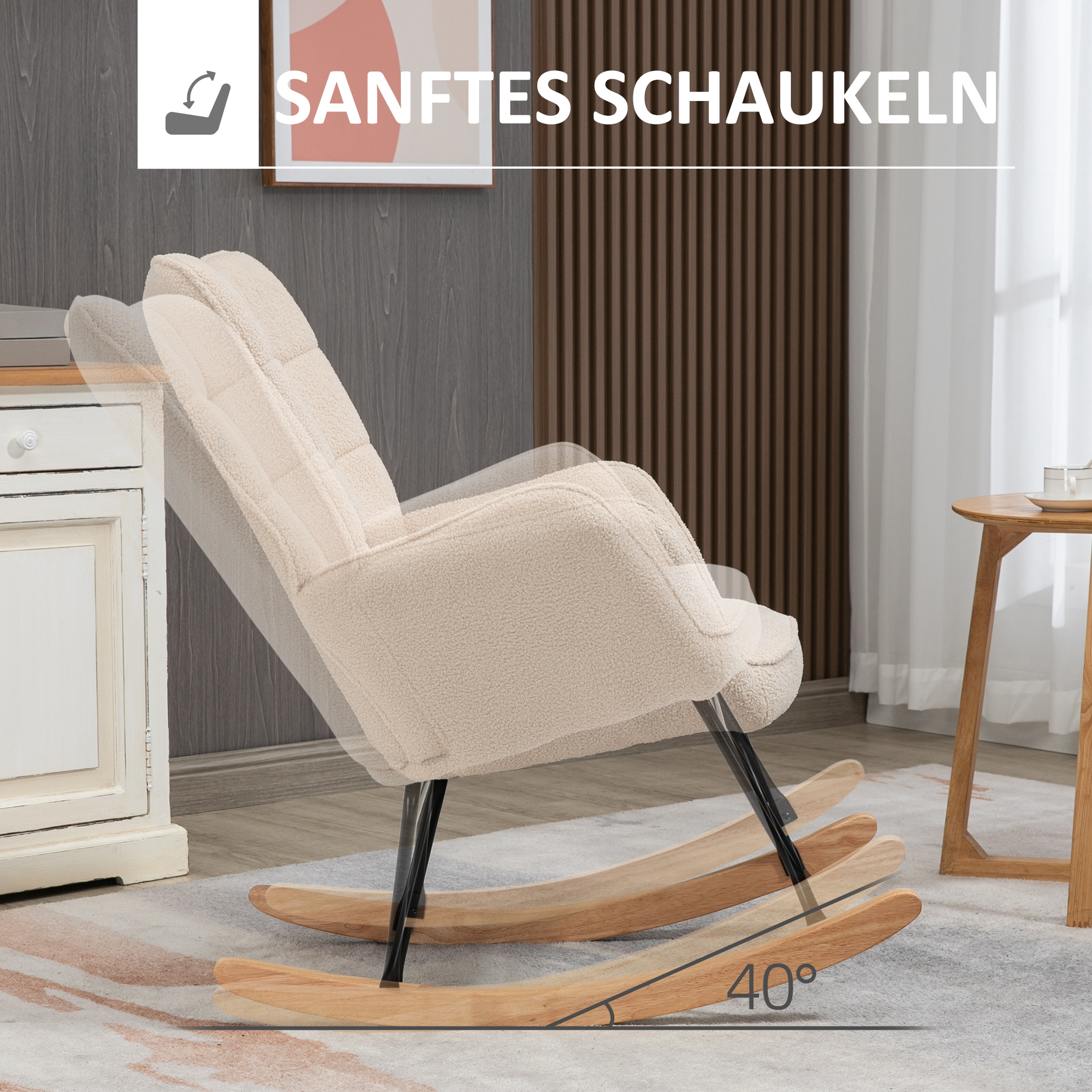 Schaukelstuhl im Retro-Design, Massivholz, Sessel, Relaxsessel, 98 cm x  71 cm x 101 cm, Beige