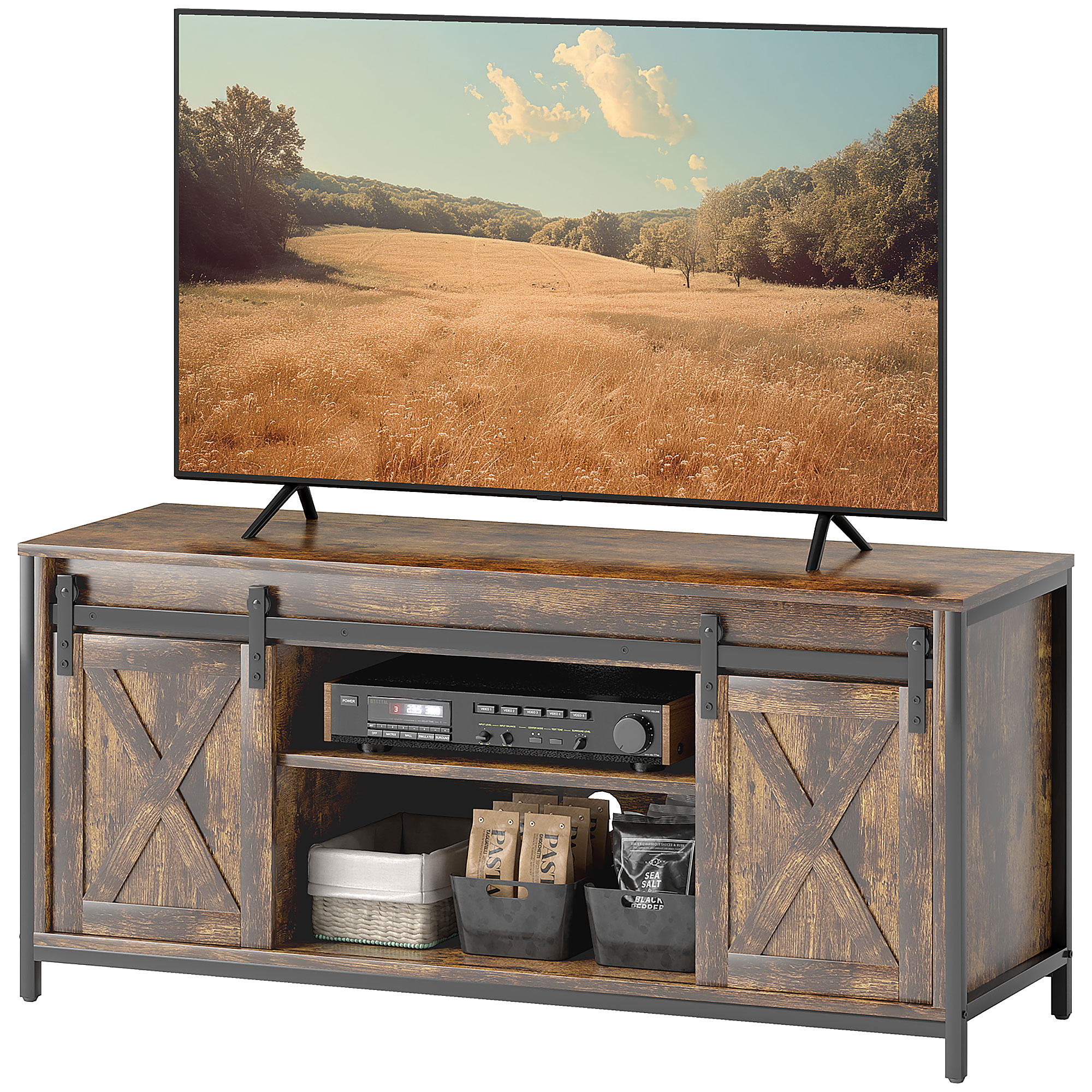 TV Lowboard, Industrial Design, für 60'' TVs, 6 Fächer, 2 Schiebetüren, Braun/Schwarz