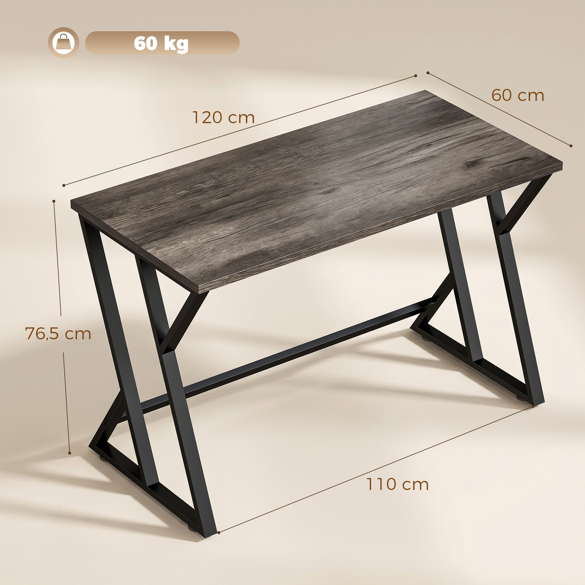 Schreibtisch Computertisch 120x60cm Bürotisch mit Z-förmigem Metallfuß, Holzoptik, Industriedesign für Büro, Grau