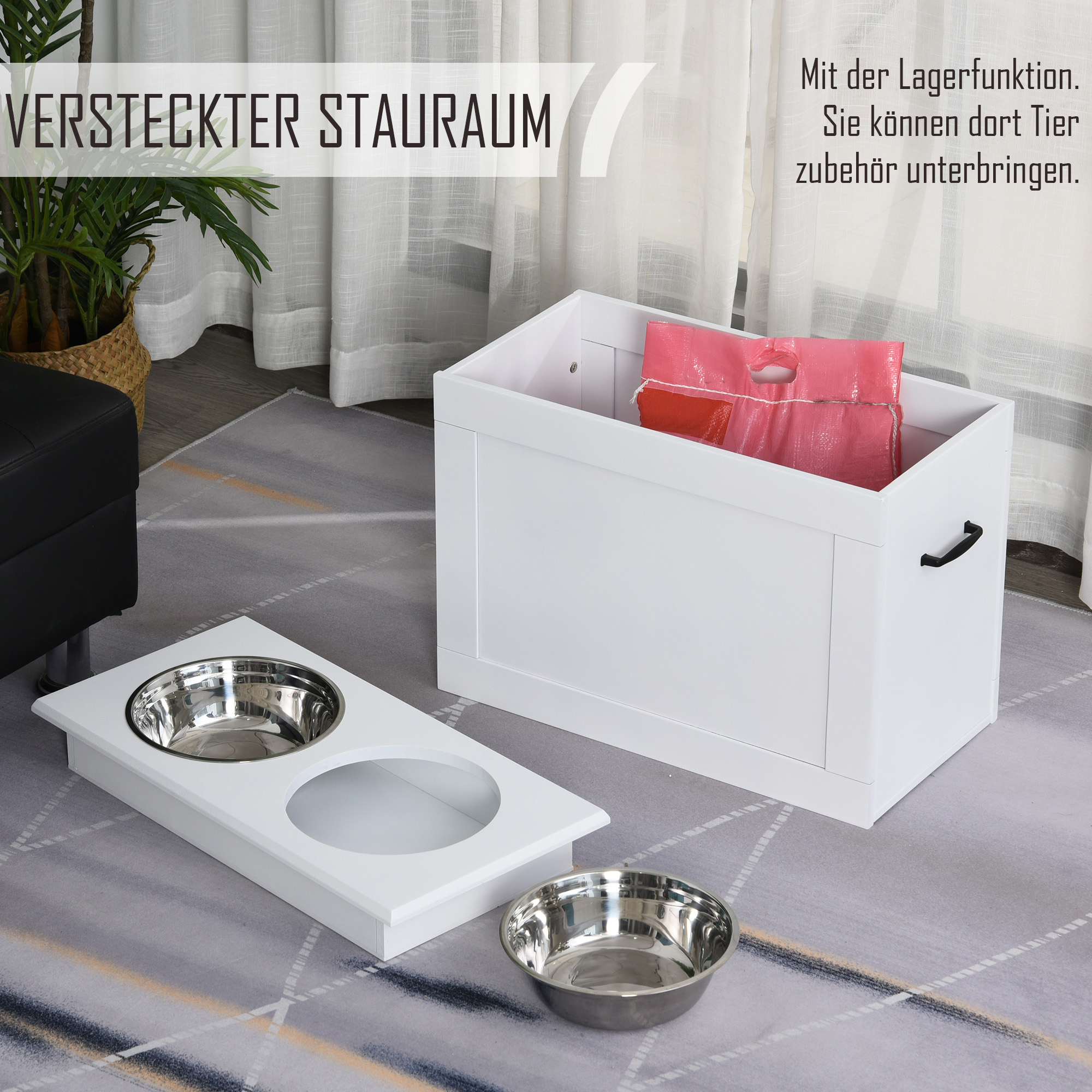 erhöhter Hundenapf Futternapf mit Staumraum Wassernapf 2 x 2000ml Edelstahlnäpfen Hundenäpfe Fressnapf Futterstation für Hunde Katzen Weiß