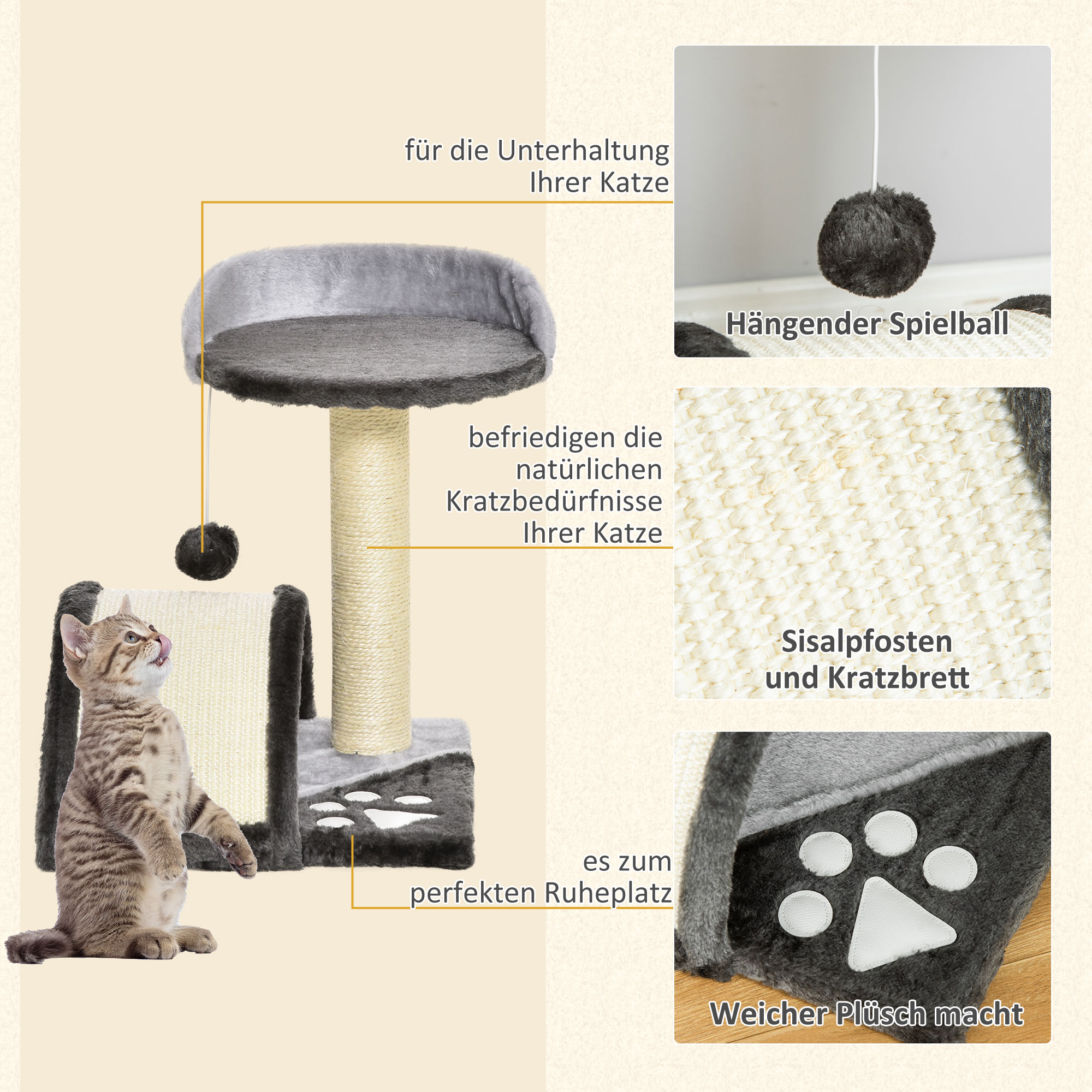 Kratzbaum 46 cm Kleiner Katzenturm mit Höhle, Spielball, Sisal-Seil, erhöhter Plattform, Katzenkratzbaum, Kletterbaum, für Katzen bis zu 4 kg, Dunkelgrau