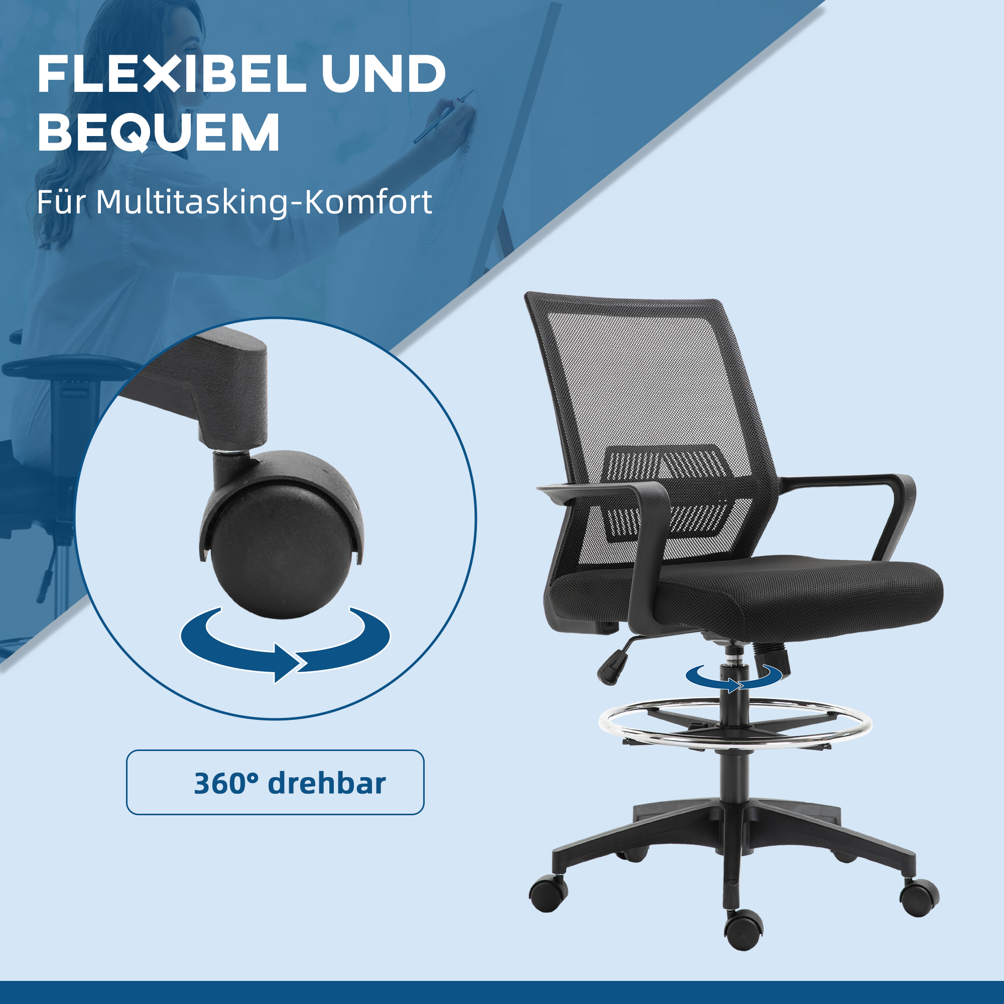 Bürostuhl, Höhenverstellbarer Schreibtischstuhl mit Fußablage, Netz-Rückenlehne, rollbar, Kunststoff, Schwarz