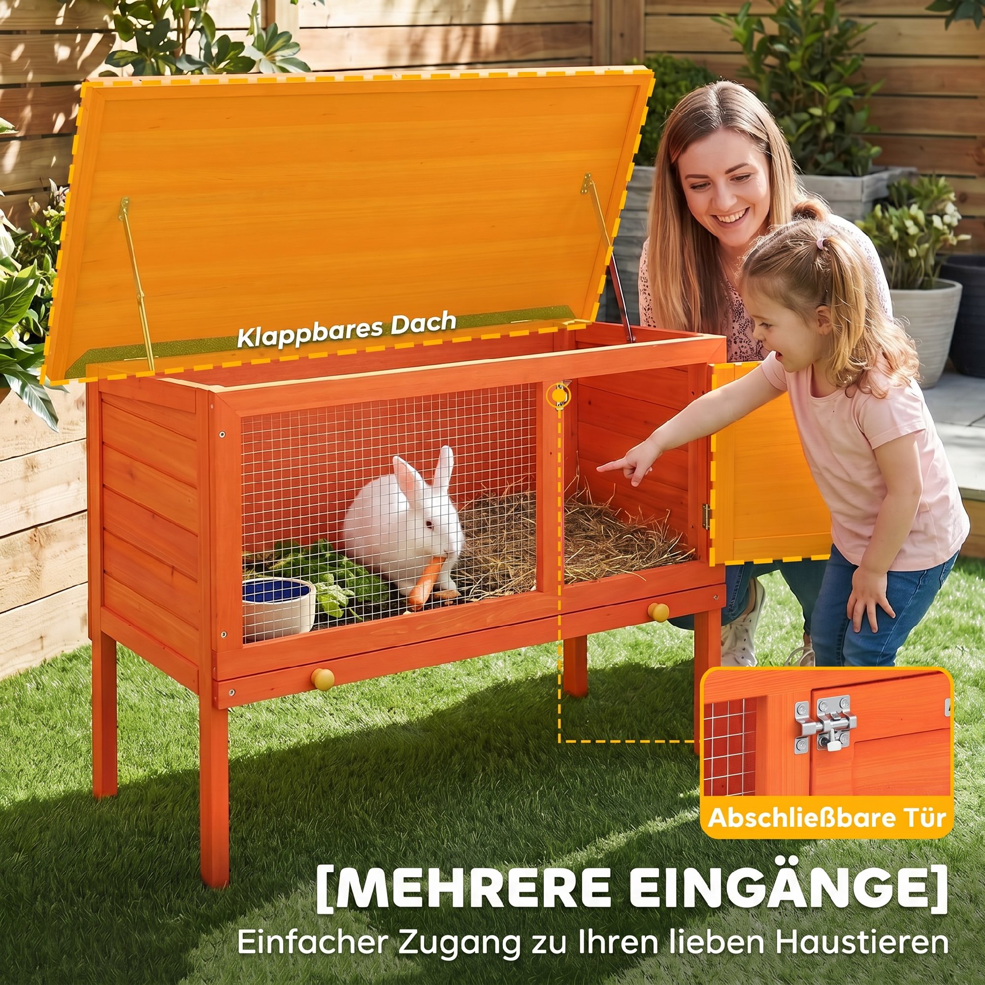 Hasenstall erhöhter Kaninchenstall aus Holz mit aufklappbar Bitumendach herausziehbarer Schublade 90x45x65 cm Orange