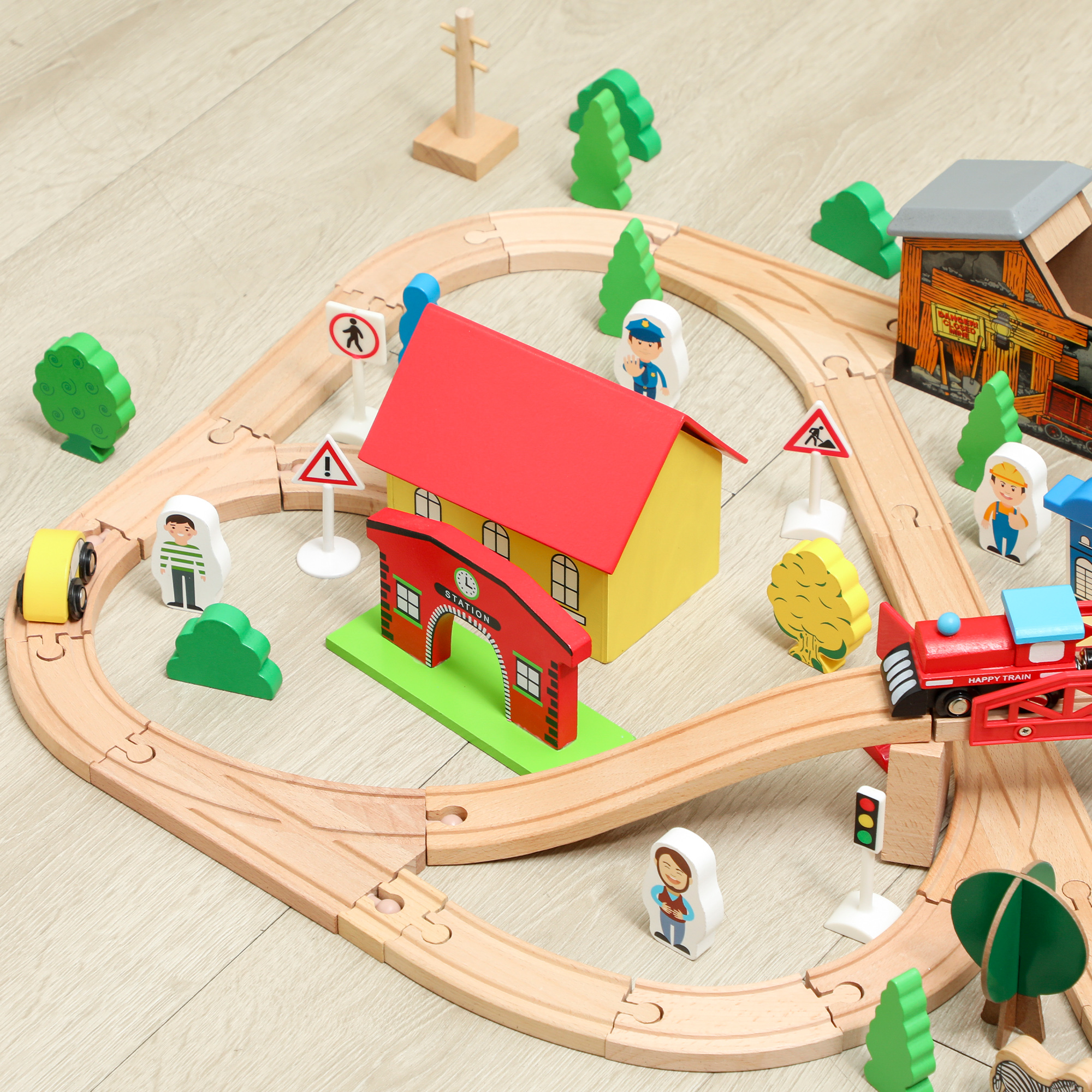 Spieltisch, 108-teiliges Eisenbahn-Set aus Holz, mit abnehmbarer Tischplatte, Eisenbahntisch, 98x60,5x40 cm, Blau