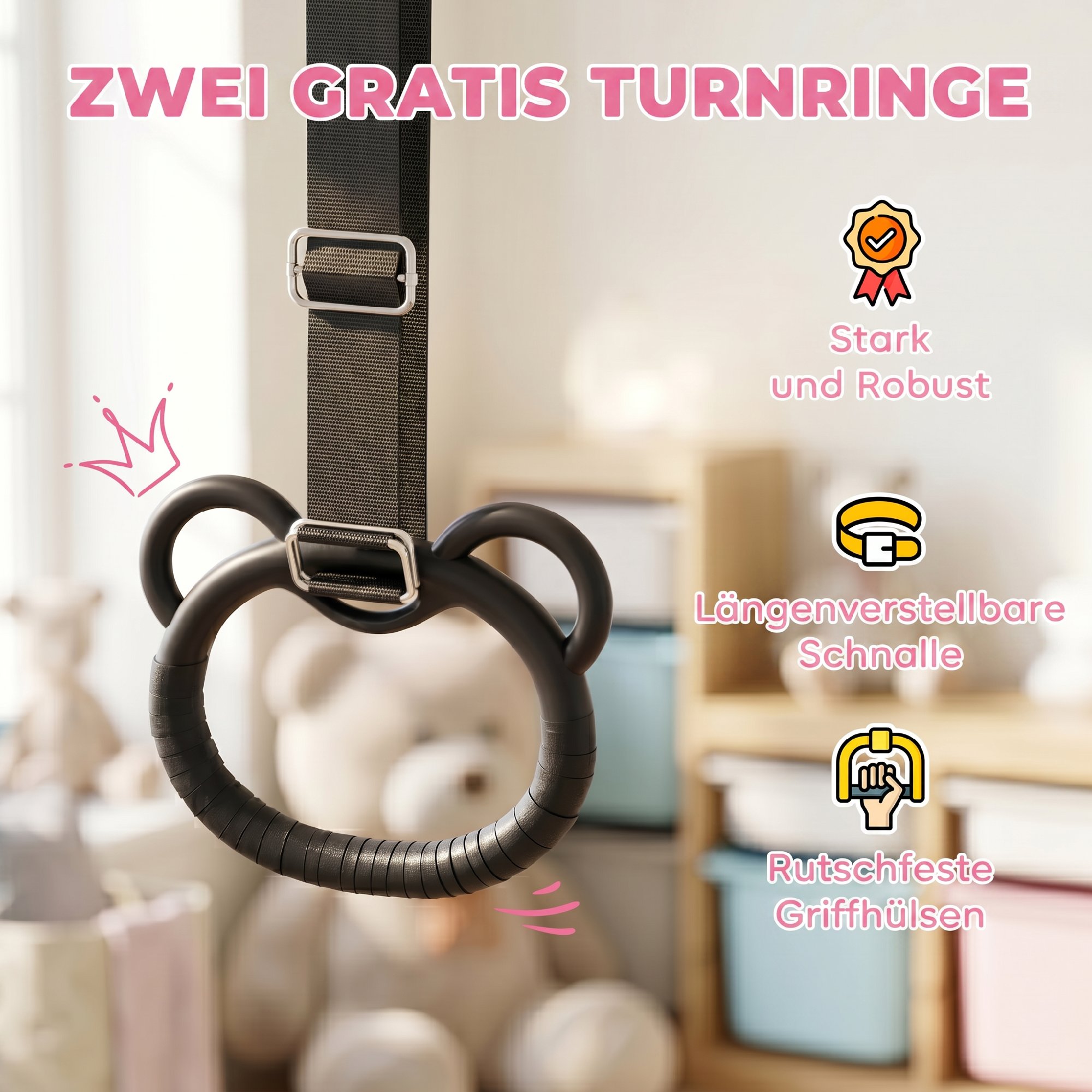 Kinder-Turnbarren mit Ringen, höhenverstellbar, klappbar, rutschfest, Stahlrahmen, 148x105x88-128 cm, Pink