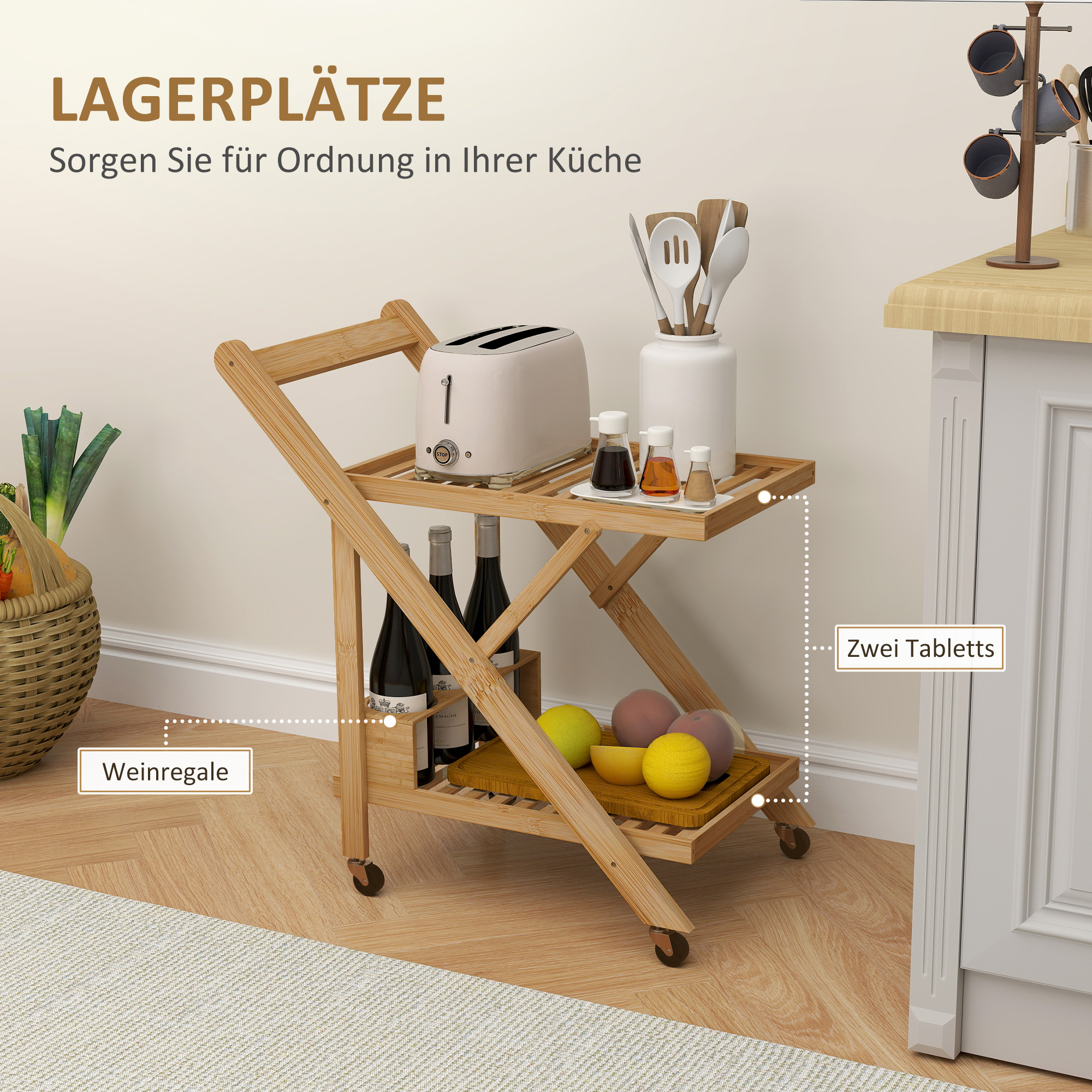 Küchenwagen auf Rädern, Servierwagen mit 3 Weinregalen, 2 Tabletts, für Küche, Esszimmer, Bambusholz, Hellbraun