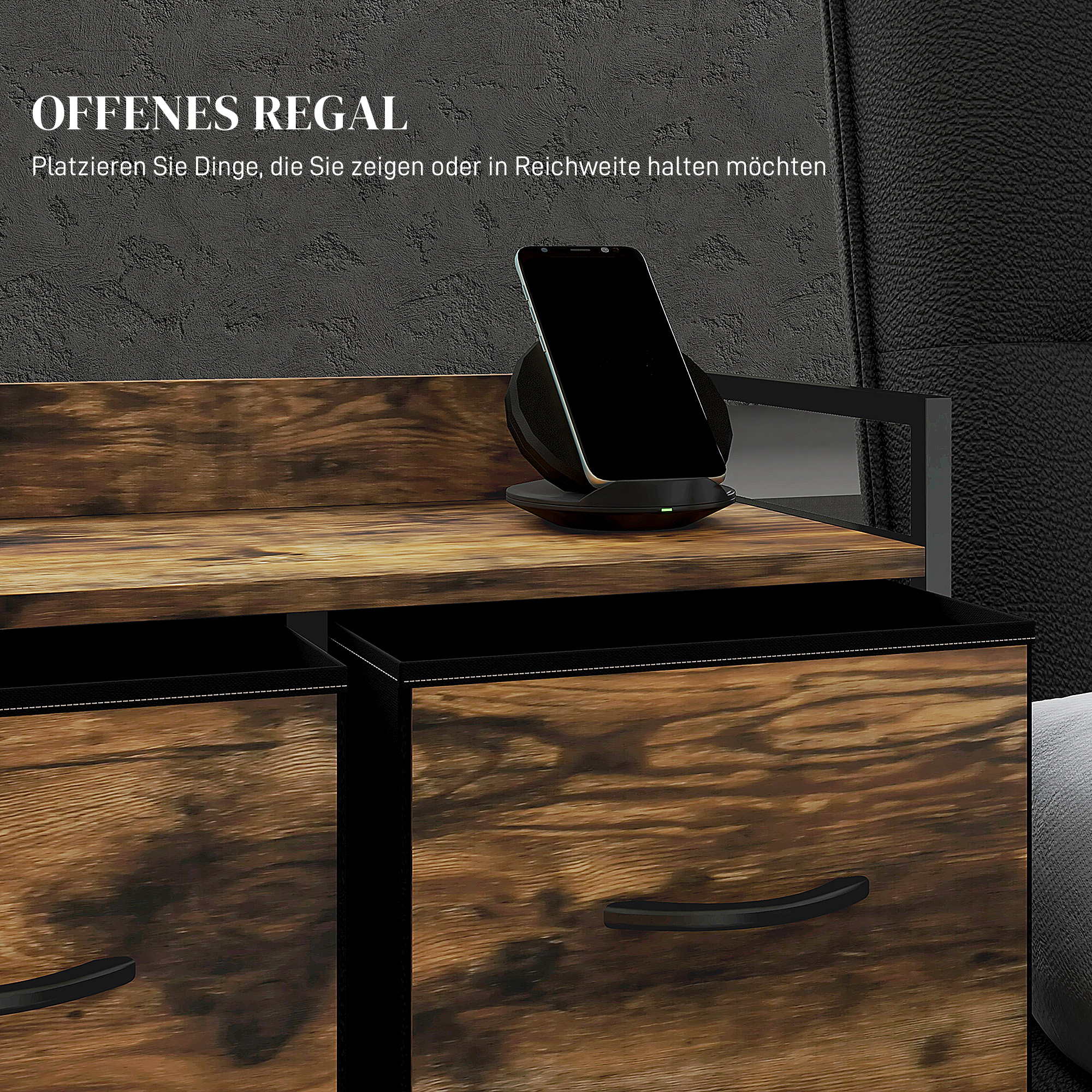 Kommode mit faltbaren Stoffschubladen, Melaminholz, Stahlrahmen, Braun