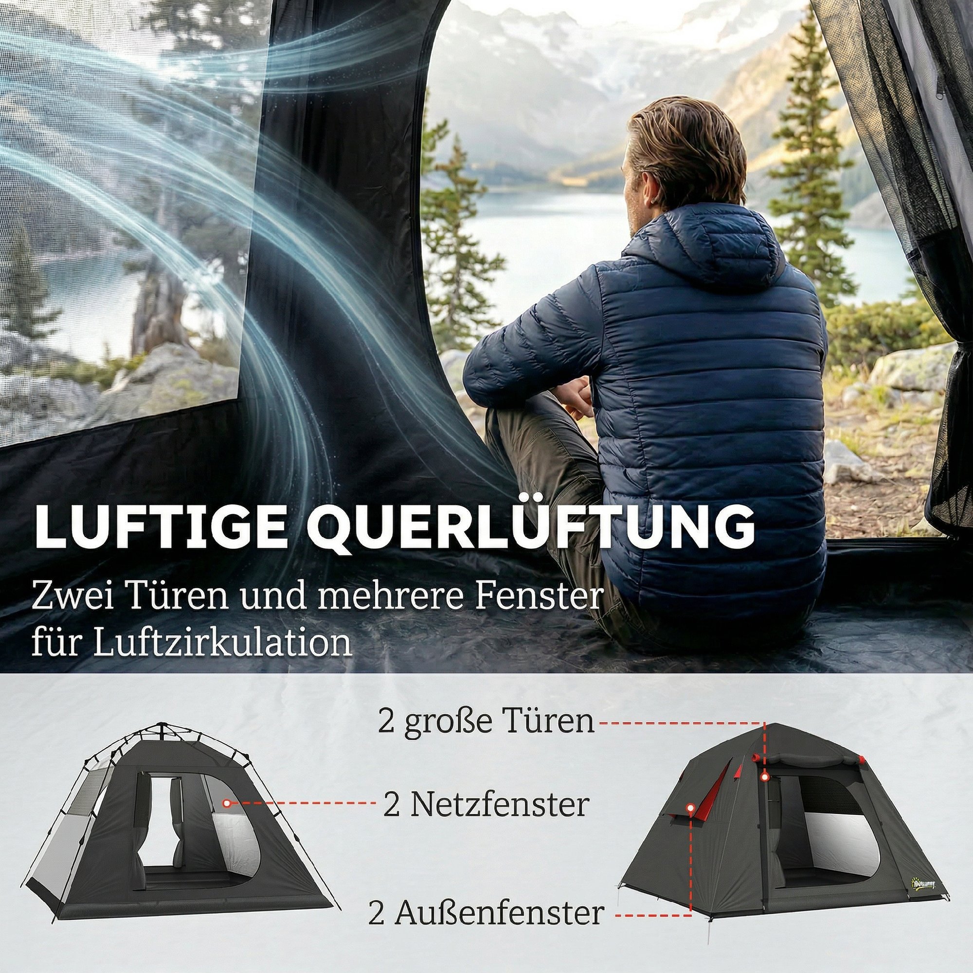 Campingzelt 2 Personen 3000mm Wasserdicht & Winddicht Kuppelzelt mit 2 Türen 2 Netzfenstern 2 Seitenfenster Tragetasche