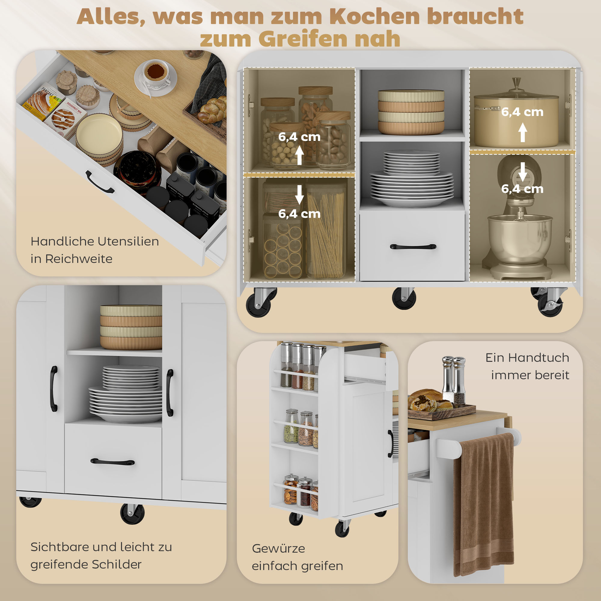 Rollbare Kücheninsel, ausklappbare Arbeitsfläche, Soft-Close-Schranktüren, Schubladen, Handtuchhalter, MDF, Weiß