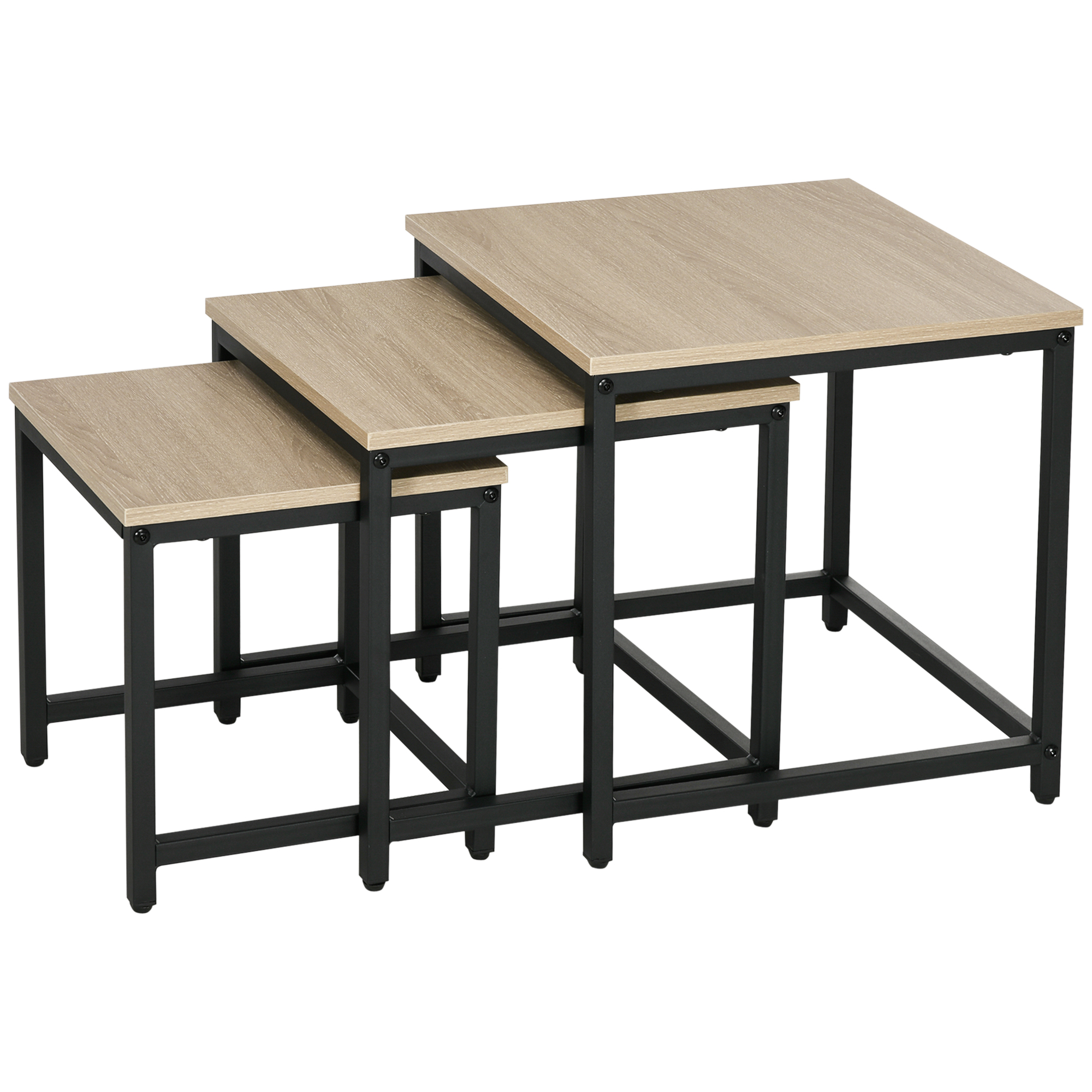 Satztisch-Set aus 3 Beistelltischen, Industrial Design, schwarzer Stahlrahmen, Tischplatte in Holzoptik