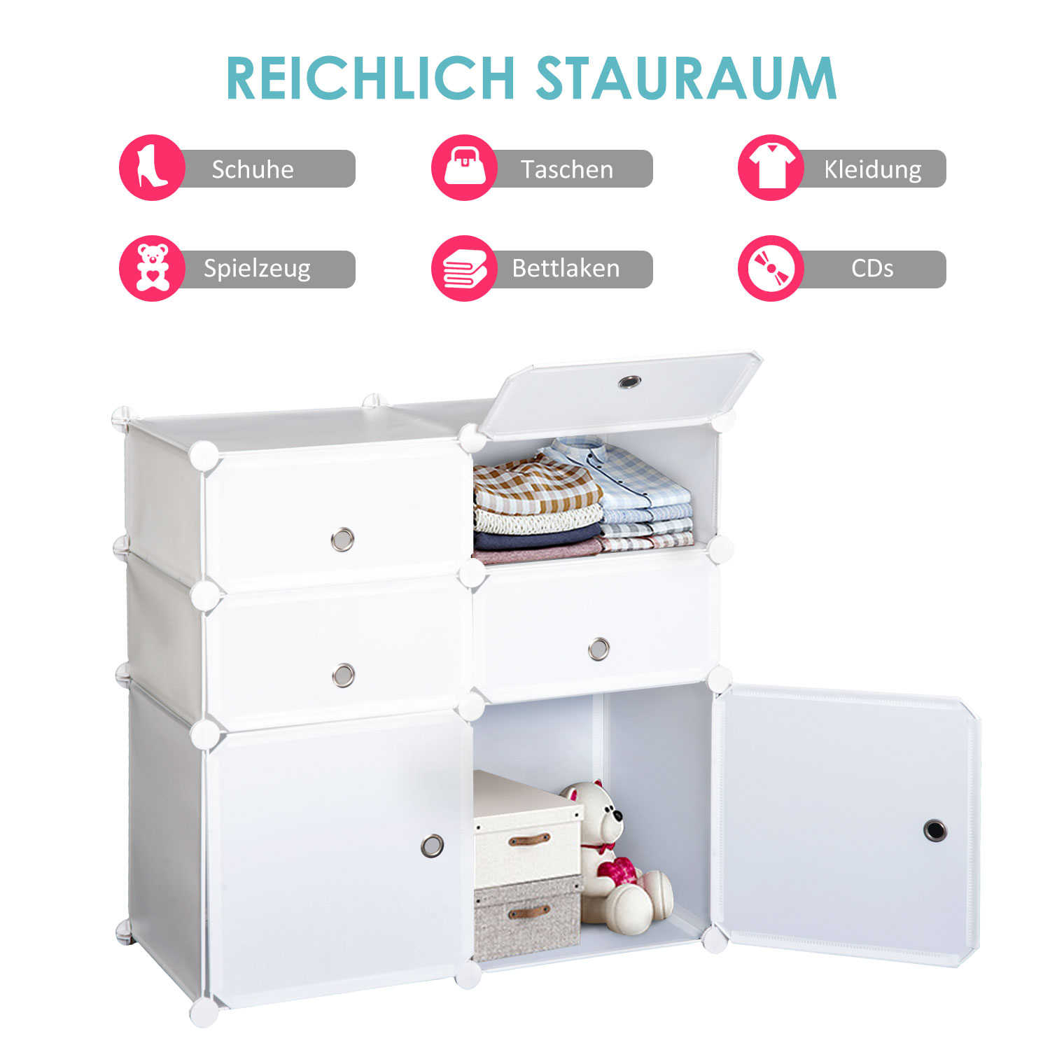 Schuhschrank, Regal mit Aufbewahrungsboxen, Kleiderschrank, Kunststoff, Stahl, Weiß, 75 x 37 x 73 cm