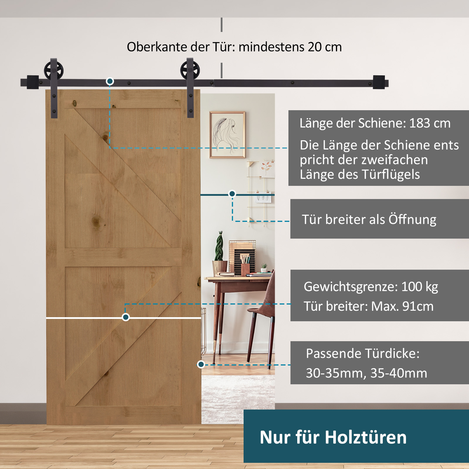 Gleitschienen-Bausatz für Schiebetür, inkl. Schienen, Rollen, Bodenstopper, 183 cm, bis 100 kg belastbar, Dunkelbraun