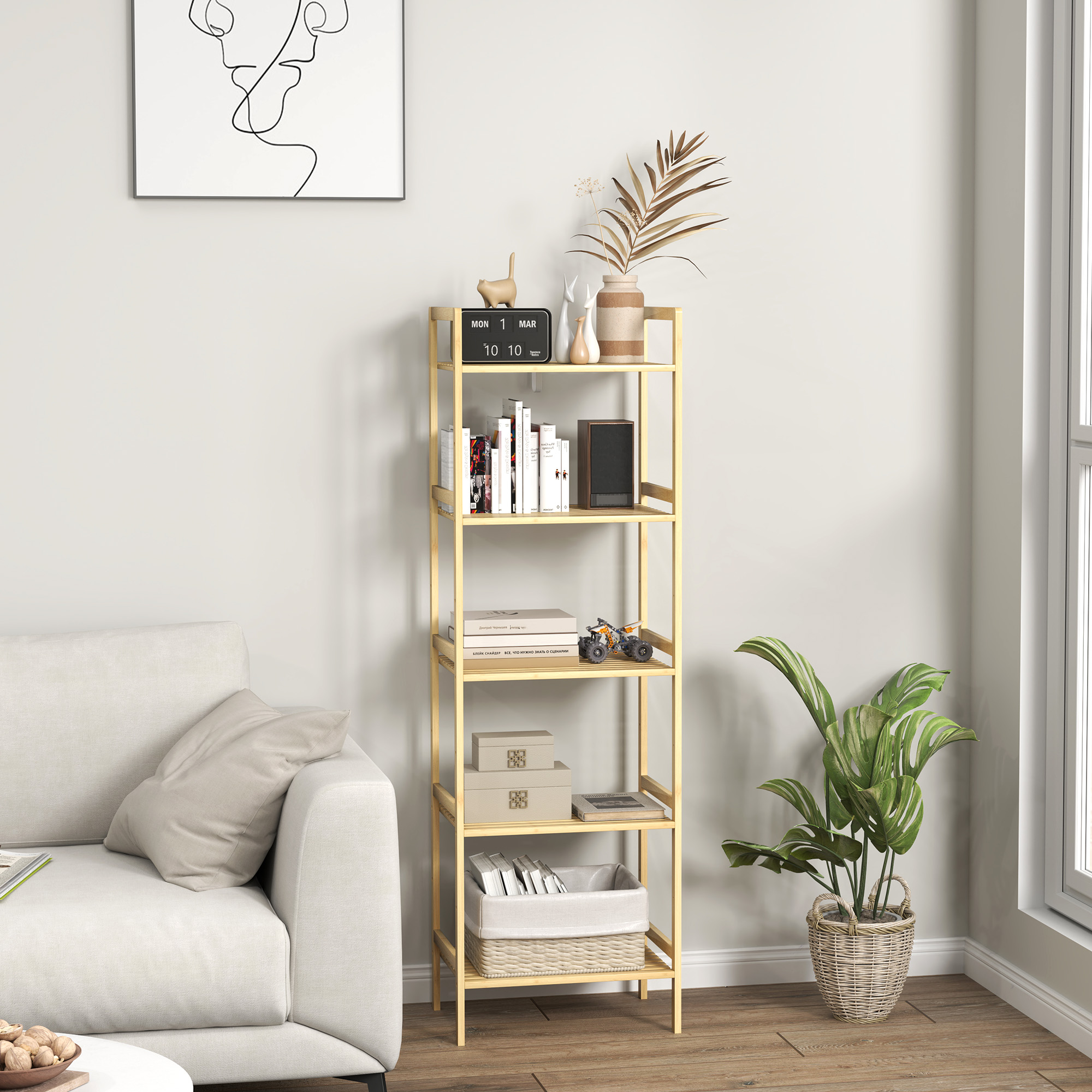 Bambus-Badezimmerregal mit 5 Ebenen, Aufbewahrungsregal mit verstellbaren Regalböden, 43,5 x 31,5 x 142 cm, Naturholz