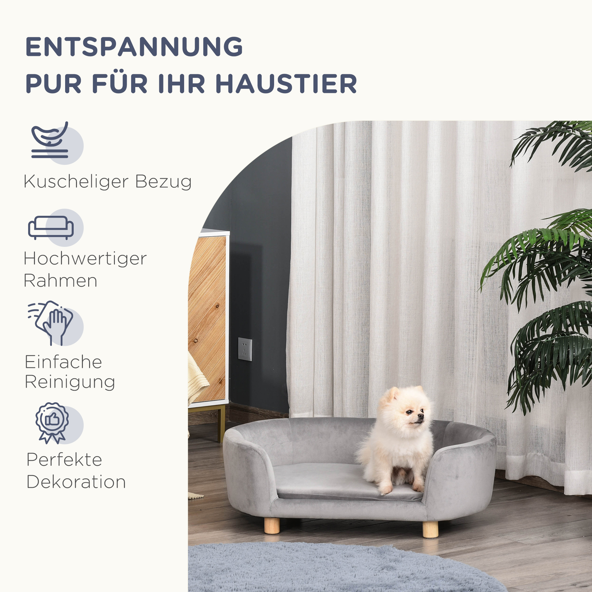 Haustiersofa Hundesofa Hundebett mit Holländischer Samt Schaumstoff Birke Bein für Katzen Hunde  86 x 55 x 33 cm Hellgrau