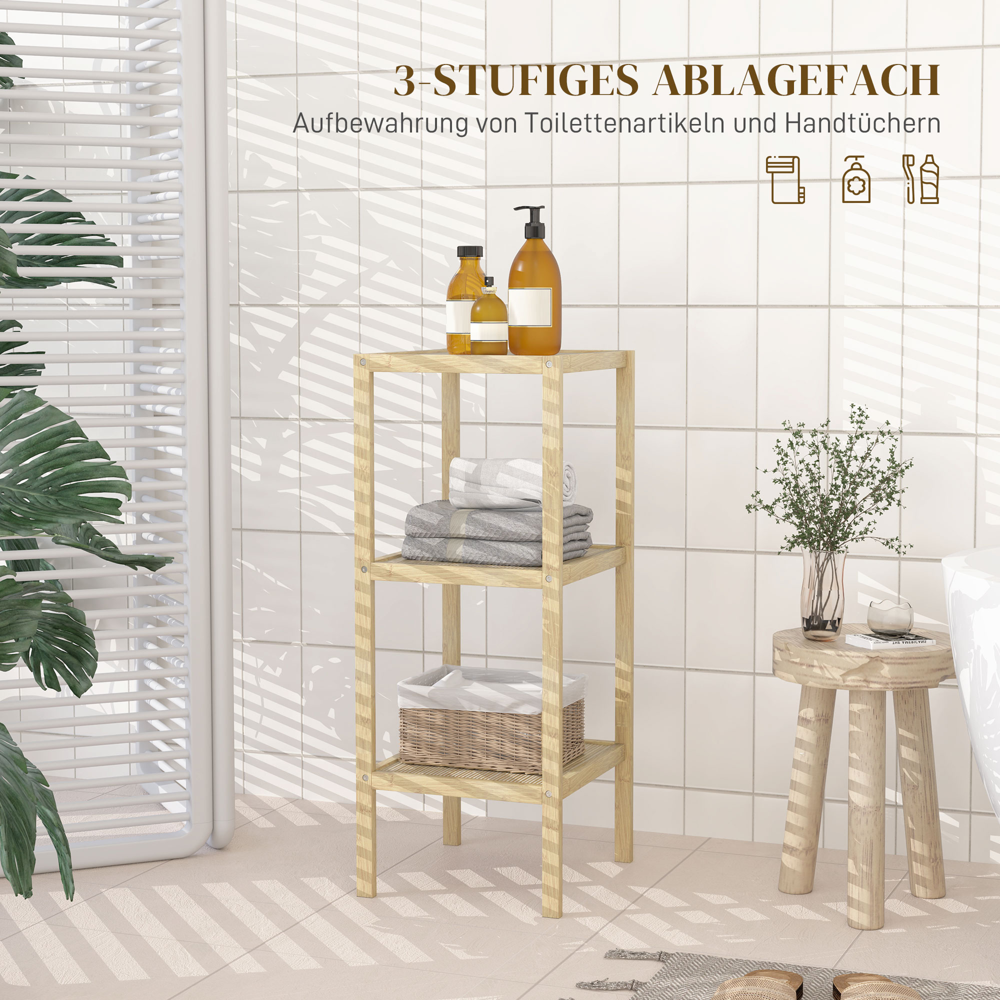 Badezimmerregal, 3 Etagen, feuchtigkeitsbeständig, Bambus, 33 x 31 x 78 cm