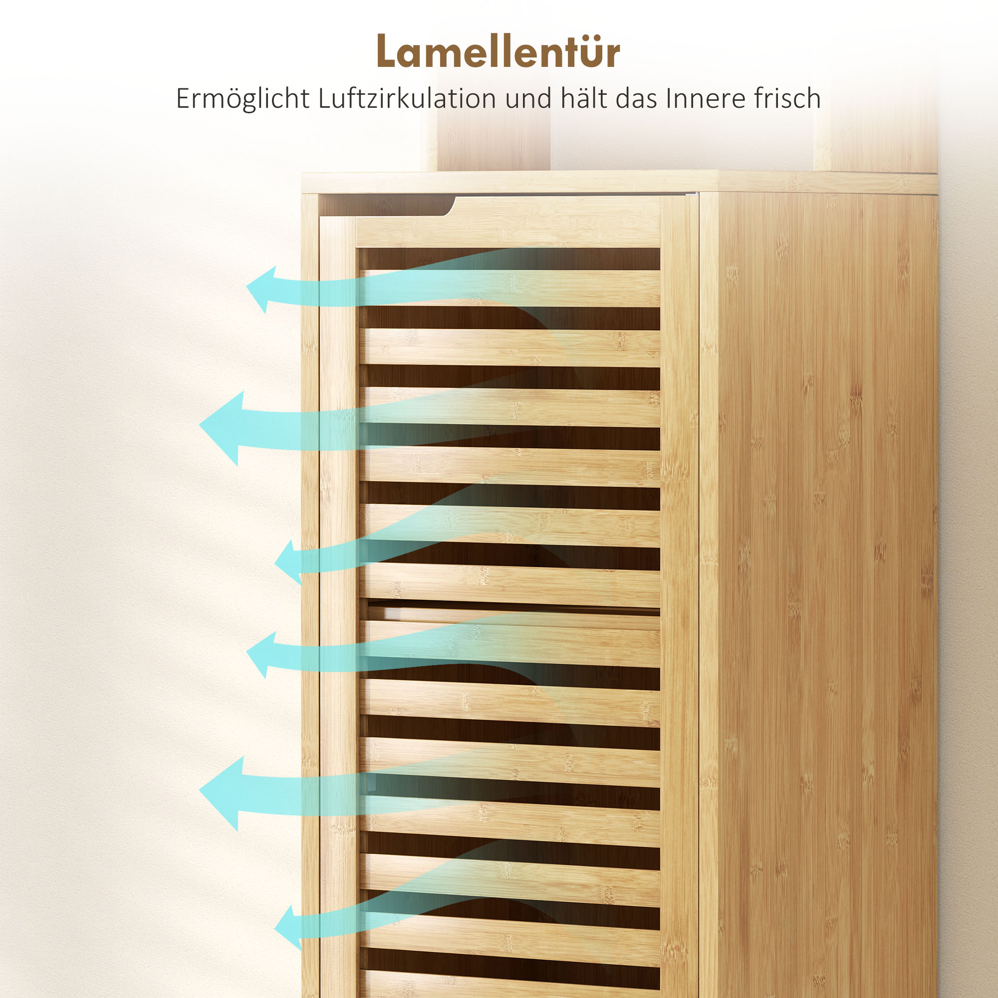 Badezimmerschrank schmal, Hochschrank mit 3 offenen Regalen, verstellbaren Regalen, Lamellentür, 34 x 30 x 170 cm Natur