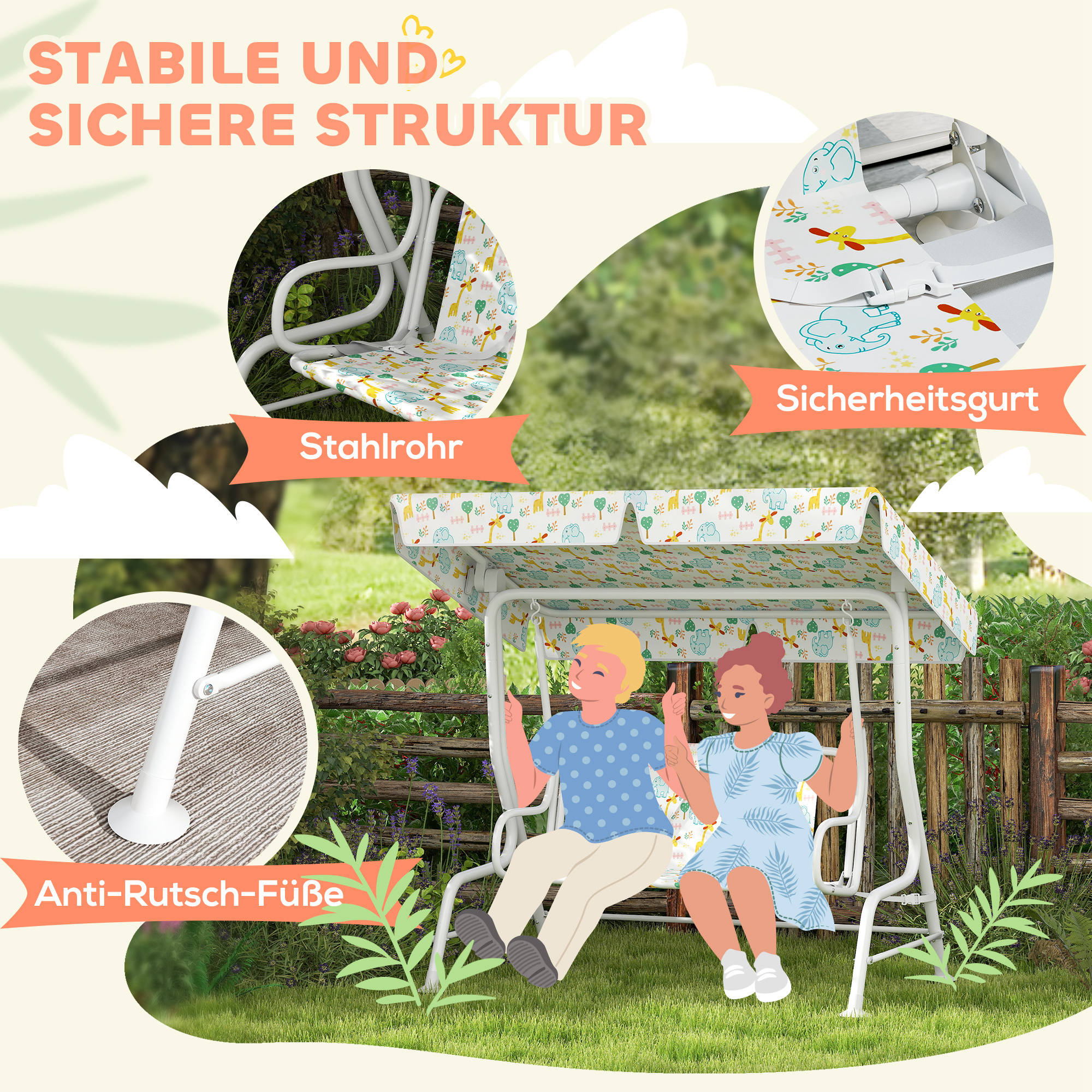 Hollywoodschaukel für Kinder, Stahlrahmen, 2-Sitzer, 60 kg belastbar, Weiß