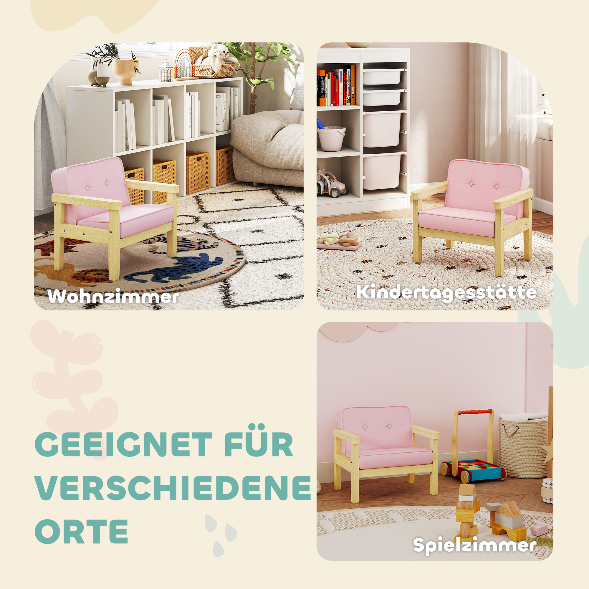 Kindersessel, Kindersofa mit Holzrahmen, Cordoptik, gepolsterter Kinderstuhl für Kinder von 3-8 Jahren, für Kinderzimmer, Spielzimmer, Rosa