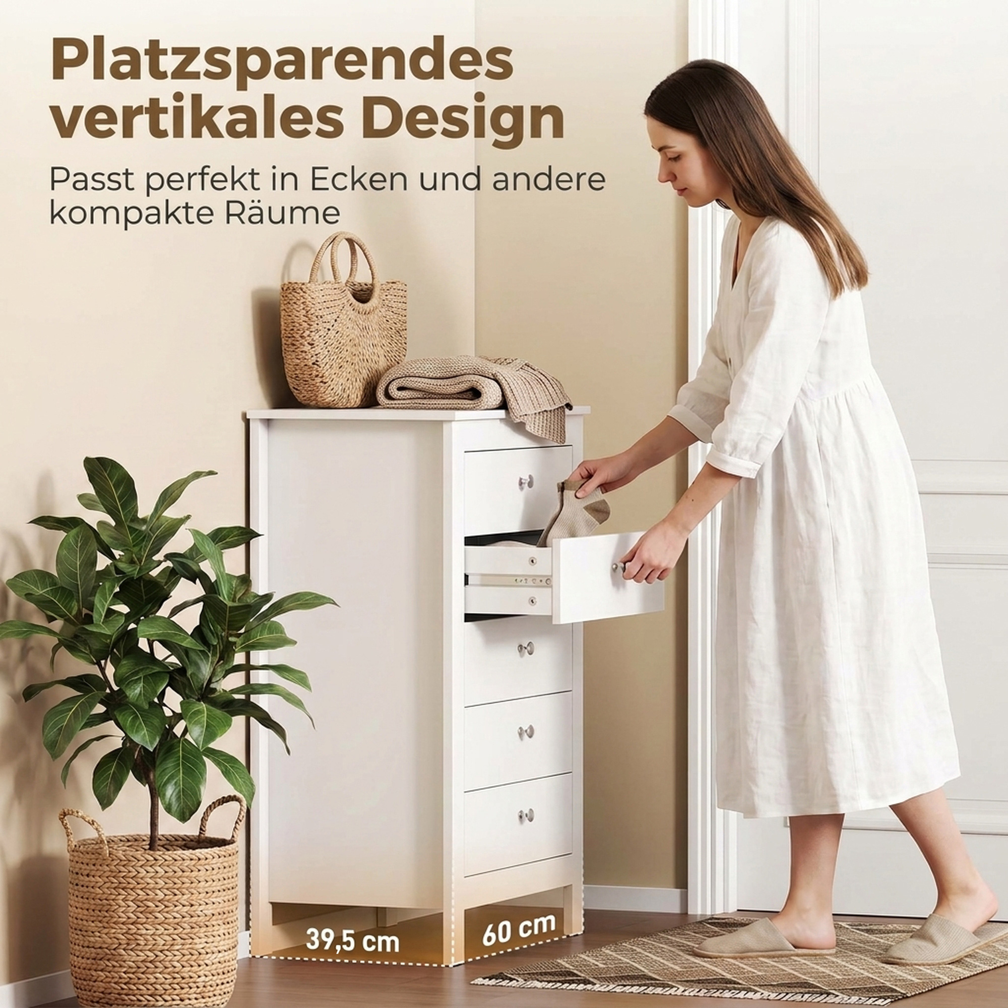 Kommode mit 5 Schubladen, Schrank mit leichtgängigen Schienen für Schlafzimmer, 60 x 39,5 x 95,3 cm, Weiß