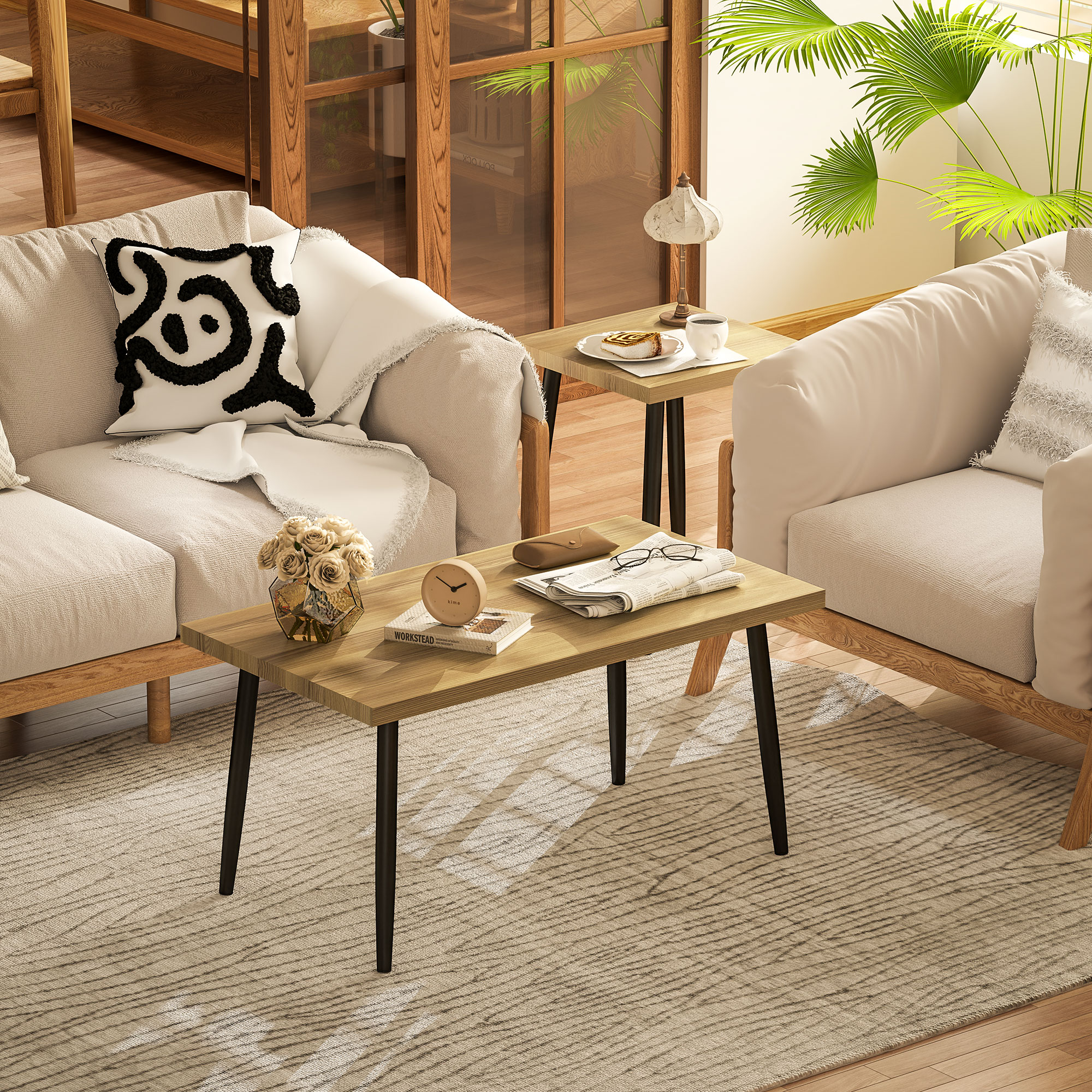 2er-Set Kaffeetische, Großer und kleiner Tisch mit Metallrahmen und Holzplatte, Flexible Couchtische, Naturholz