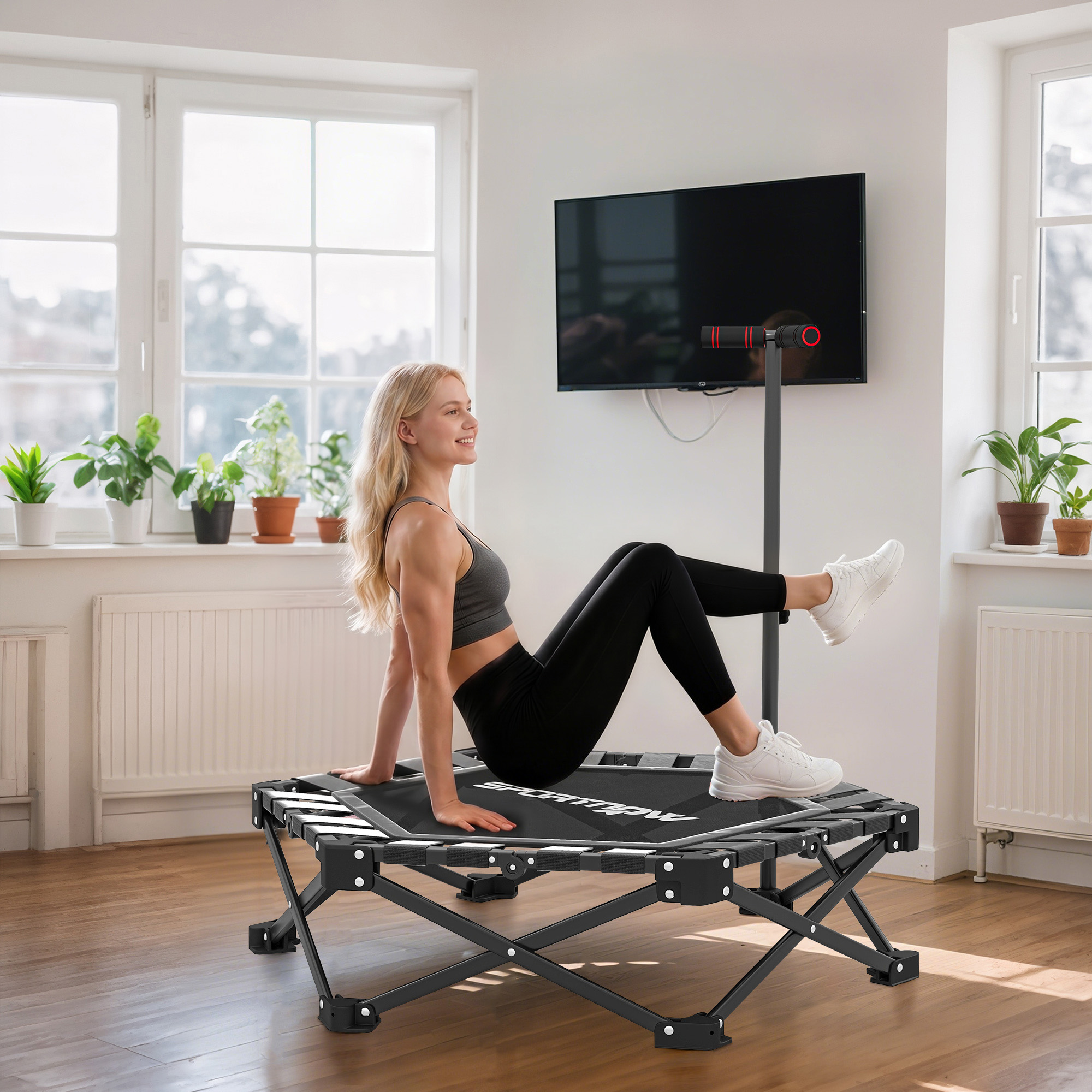 Fitness-Trampolin mit verstellbarem T-Griff, faltbar, Tragetasche, 120 kg Belastbarkeit, Stahl, Kunststoff, Schwarz