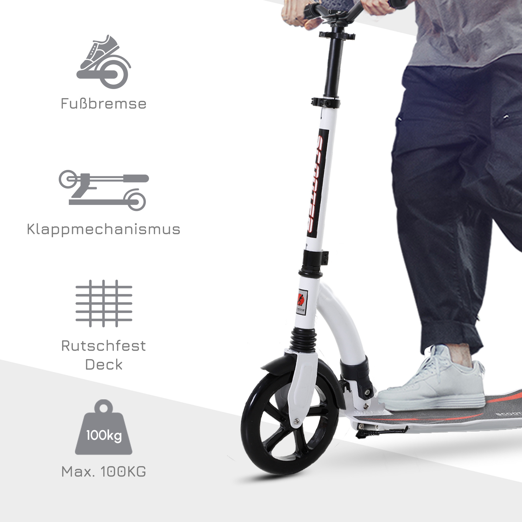 Kinderscooter, Kickscooter mit Stoßdämpfung, Tretroller, Klappbar und Höheverstellbar, ab 14 Jahren, Aluminium, Weiß, 92,5 x 37,5 x 82-97 cm