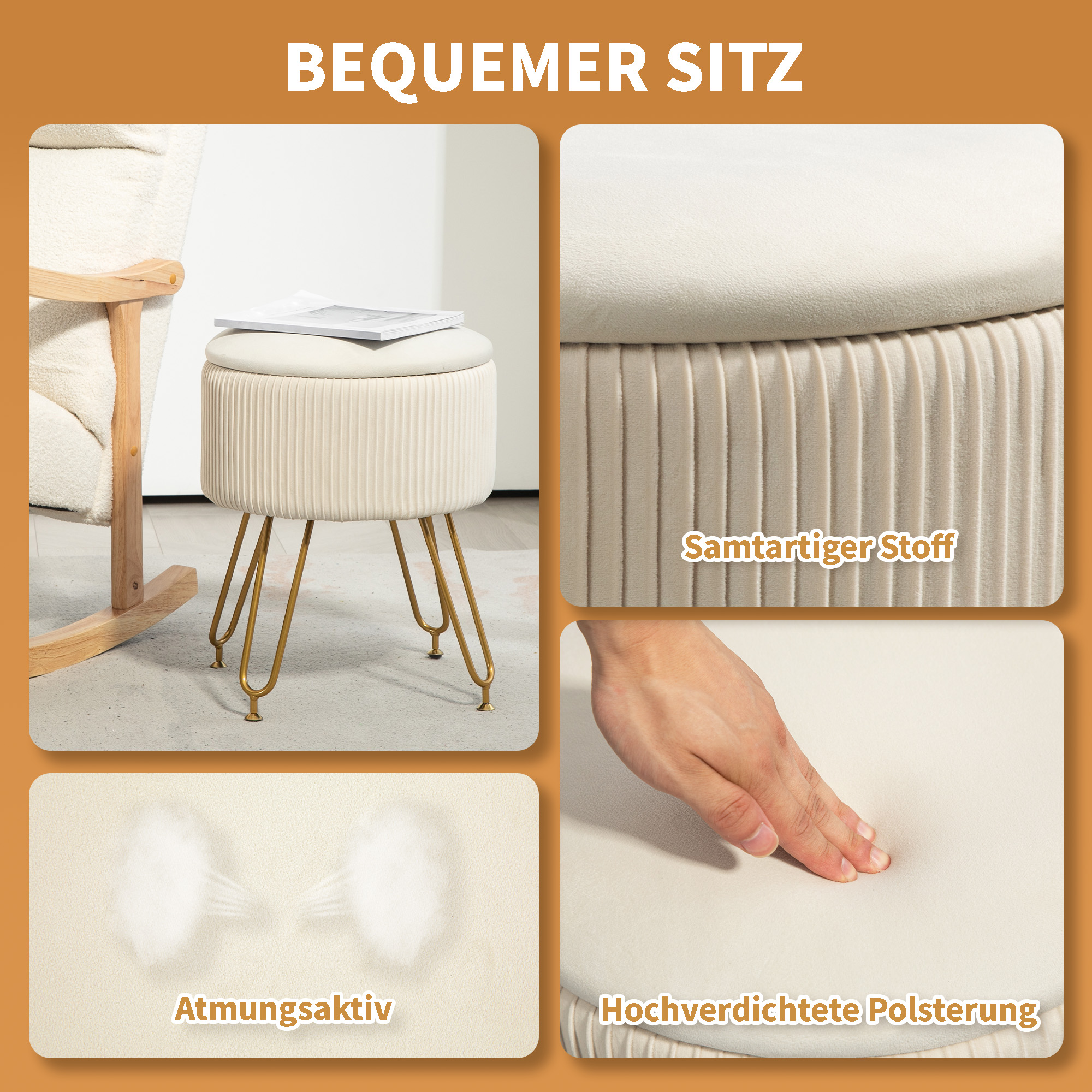 2-in-1-Aufbewahrungshocker mit Metallbeinen, runder Fußhocker für Wohnzimmer, Schlafzimmer, Flur, Cremeweiß