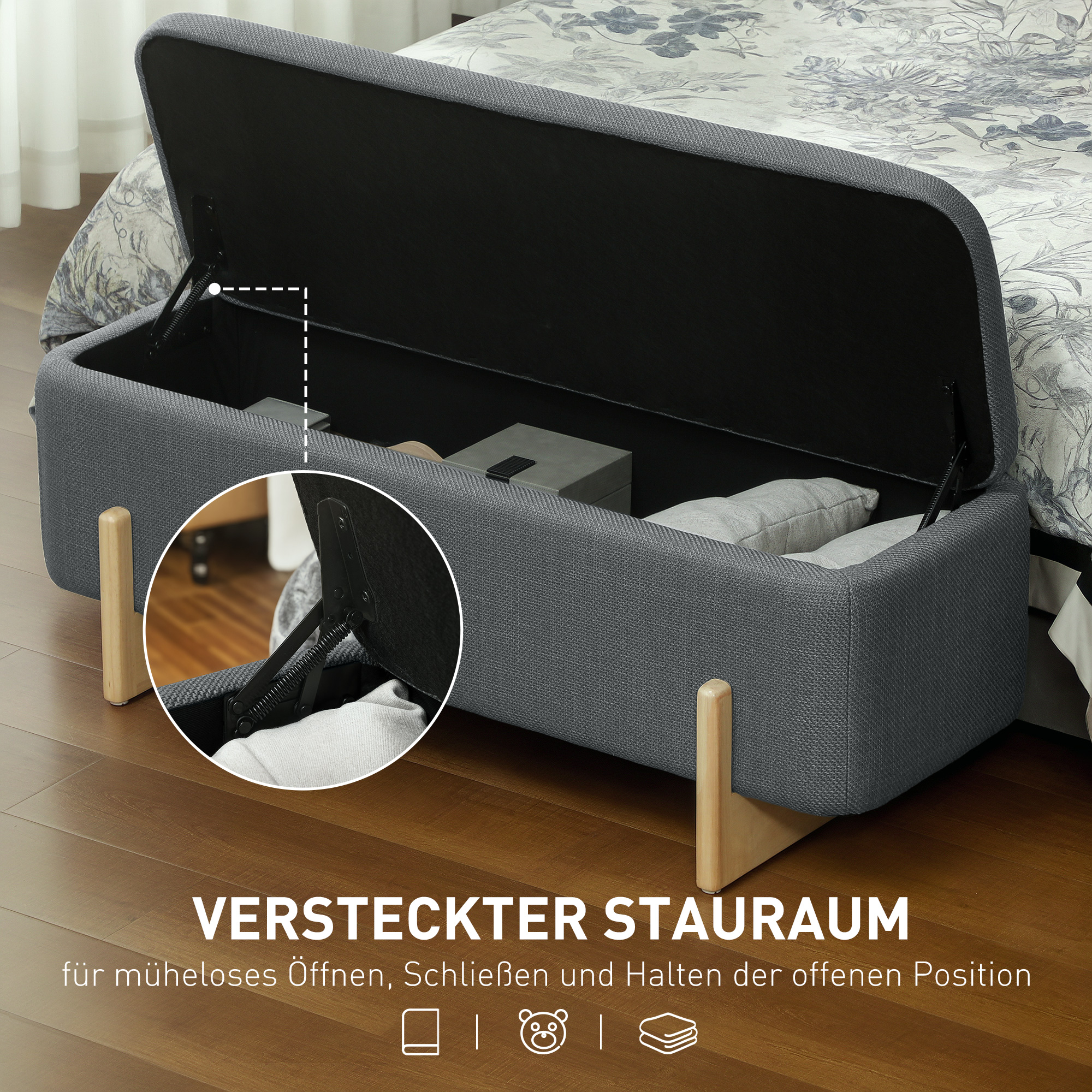 Hocker mit Stauraum, Sitzbank mit Schaumstoffpolsterung, Leinenimitat, 111 x 44 x 44,5 cm, Dunkelgrau