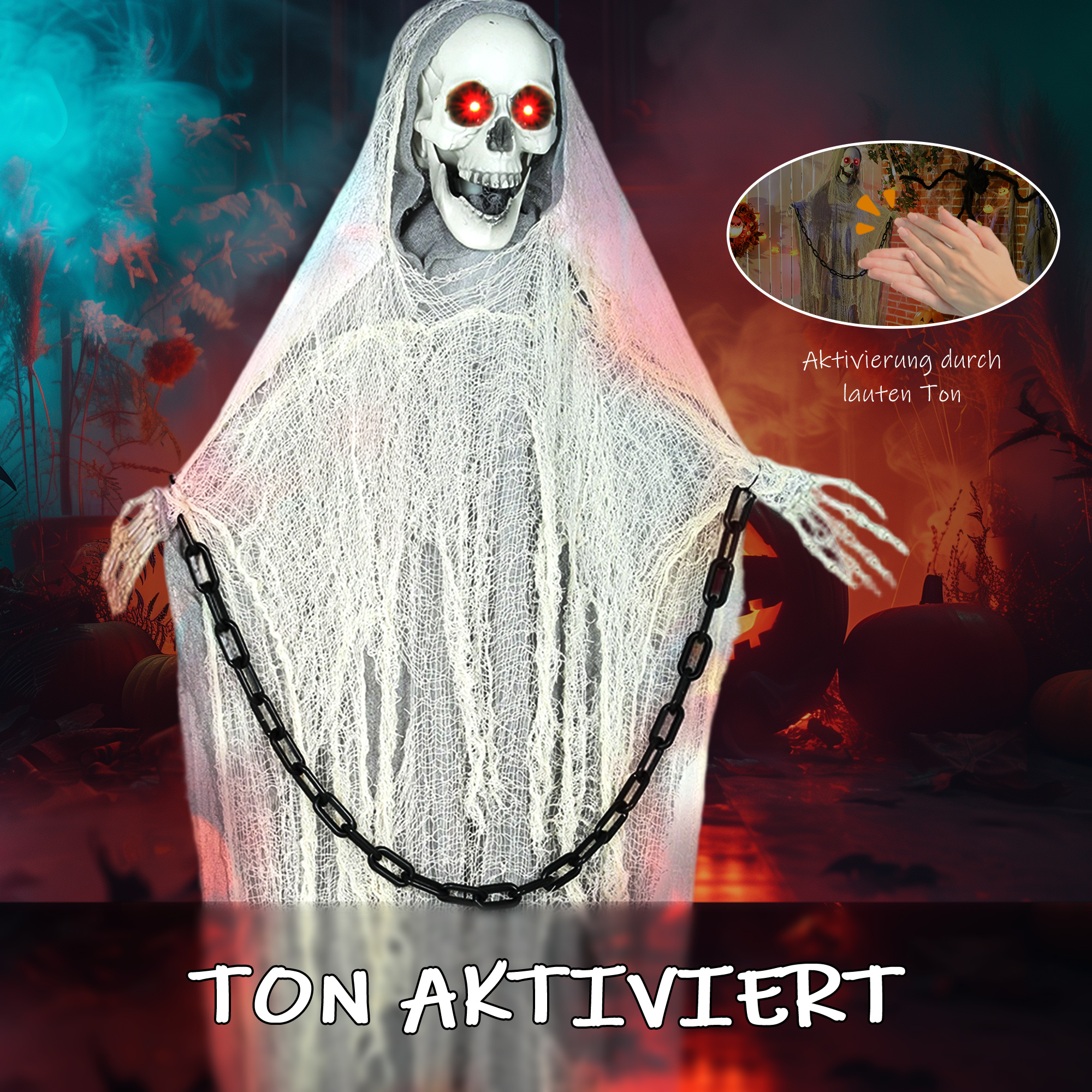 Halloween Deko Sensenmann Outdoor 183cm Animiert Sprechende Halloween Sensenmann mit Leuchtenden Augen gruseligem Sound Halloweendeko Halloween-Dekoration für Tür Garten Party Hof Spukhaus