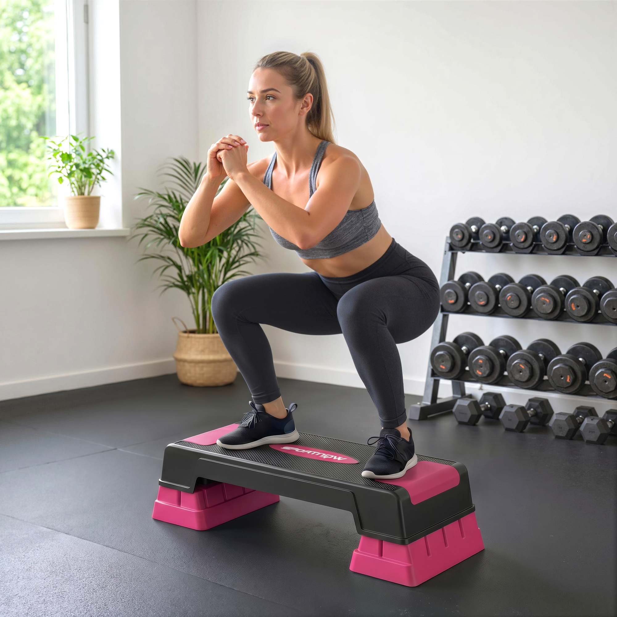 Steppbrett höhenverstellbar Fitness Aerobic Stepper mit 3 Stufen (12/17,5/22,5 cm), Anti-Rutsch-Matte Schwarz+Rosa