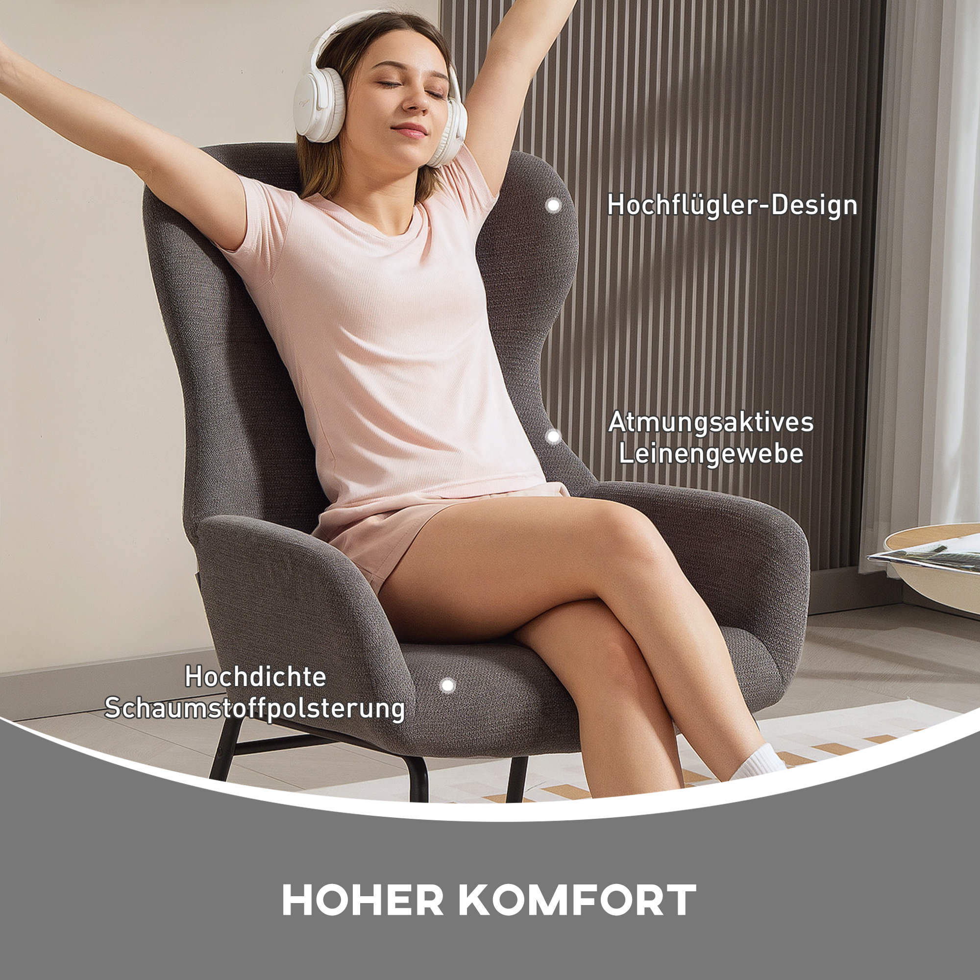Moderner Polsterstuhl im Ohrenbacken-Stil, hohe Rückenlehne, dicke Polsterung, Metallbeine, Grau