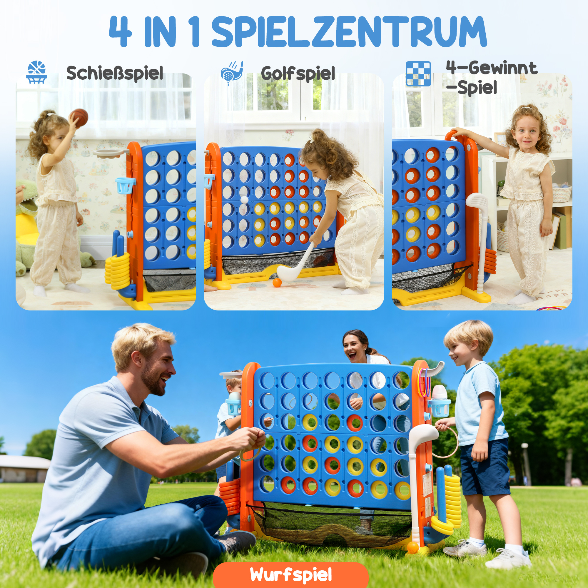 4-in-1 Spiele-Set, Vier Gewinnt, höhenverstellbar, Netz-Tasche, Kunststoff, Bunt