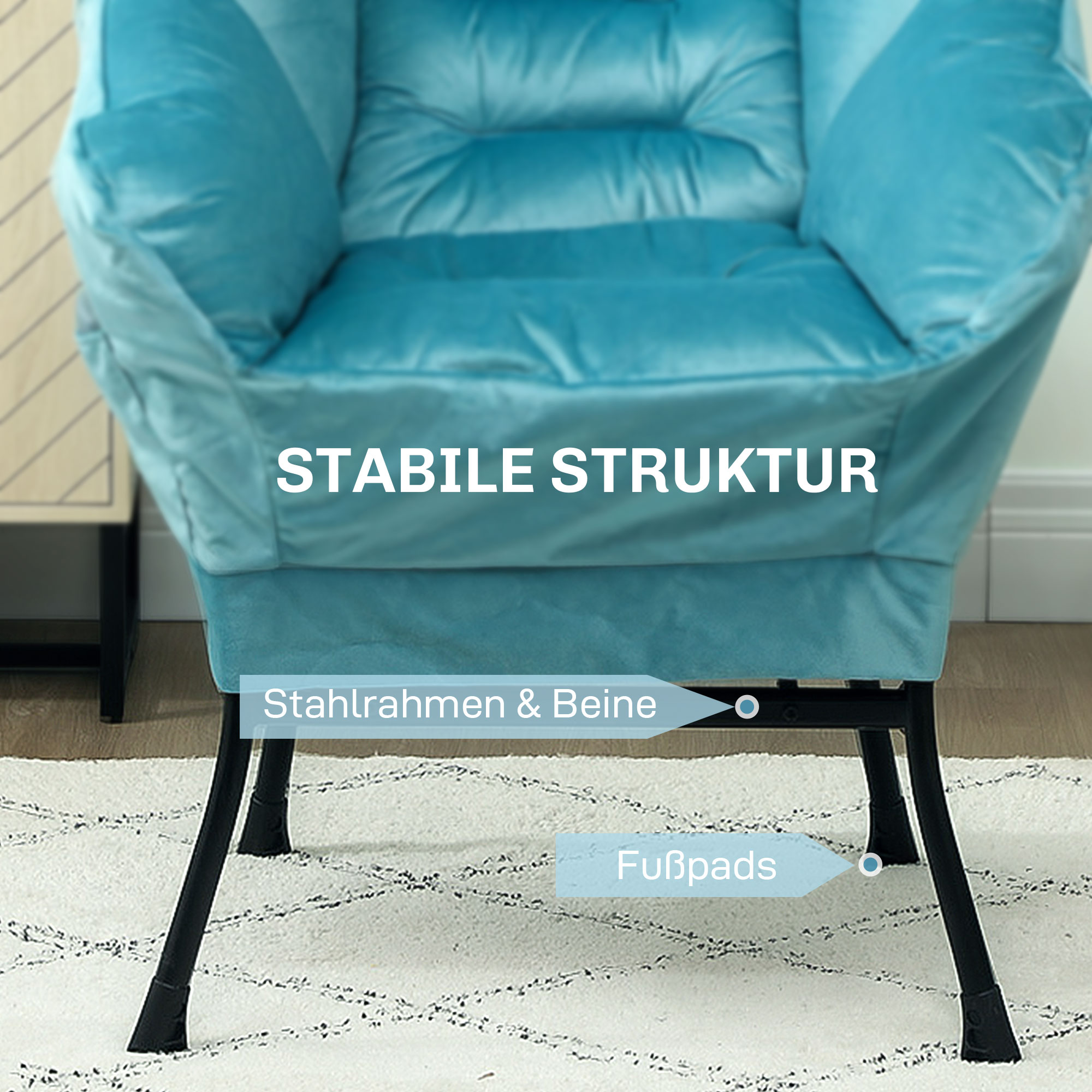 Moderner Akzentstuhl, Polsterstuhl mit Stahlbeinen und Seitentaschen, für Wohnzimmer, Schlafzimmer, Blau