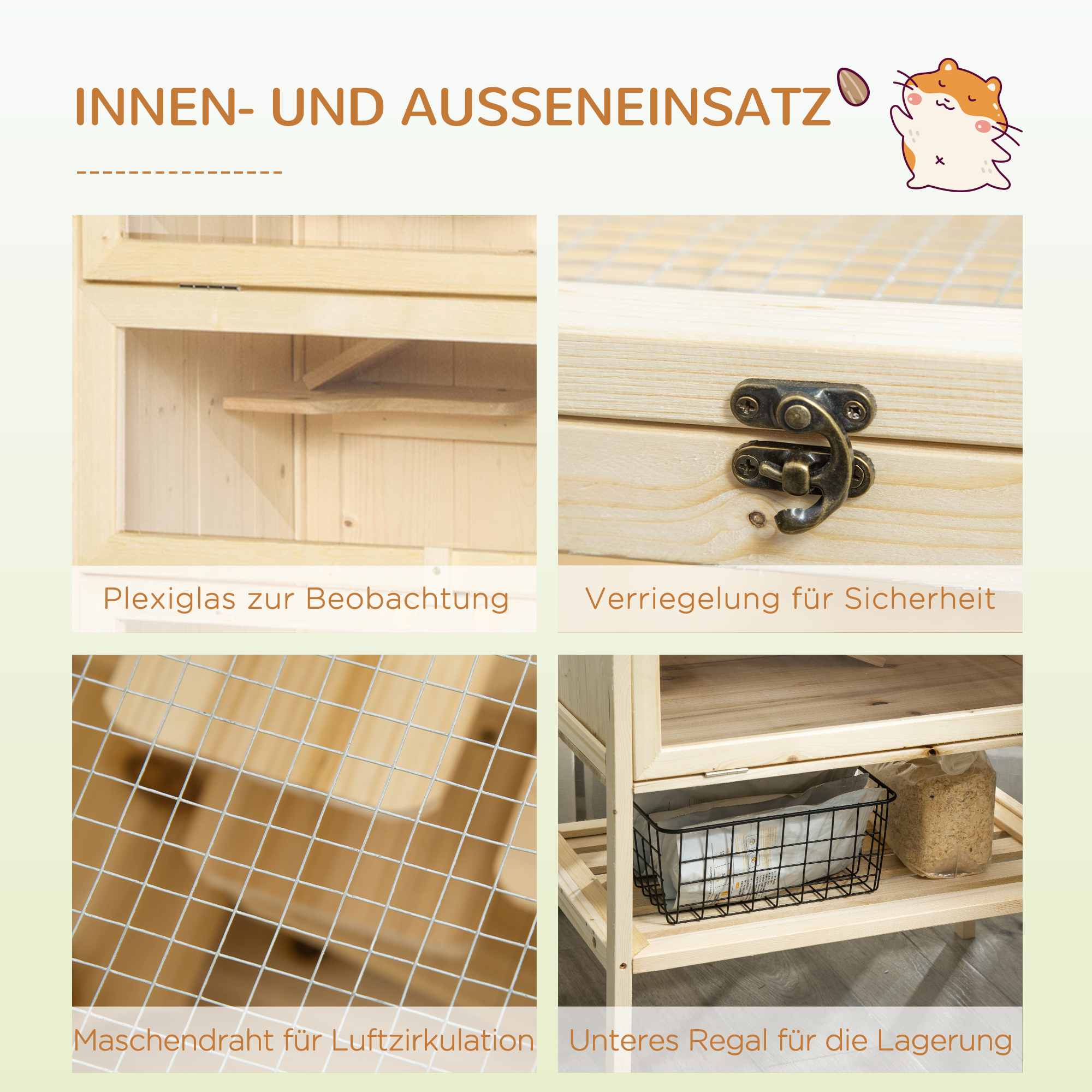 Hamsterkäfig aus Holz 5 Etagen Nagarium Nagerkäfig Kleintierkäfig mit Gitterdach Rampen, Holzkäfig Mäusekäfig groß Käfig für Hamster Zwerghamster 60 x 40 x 120 cm Naturholz