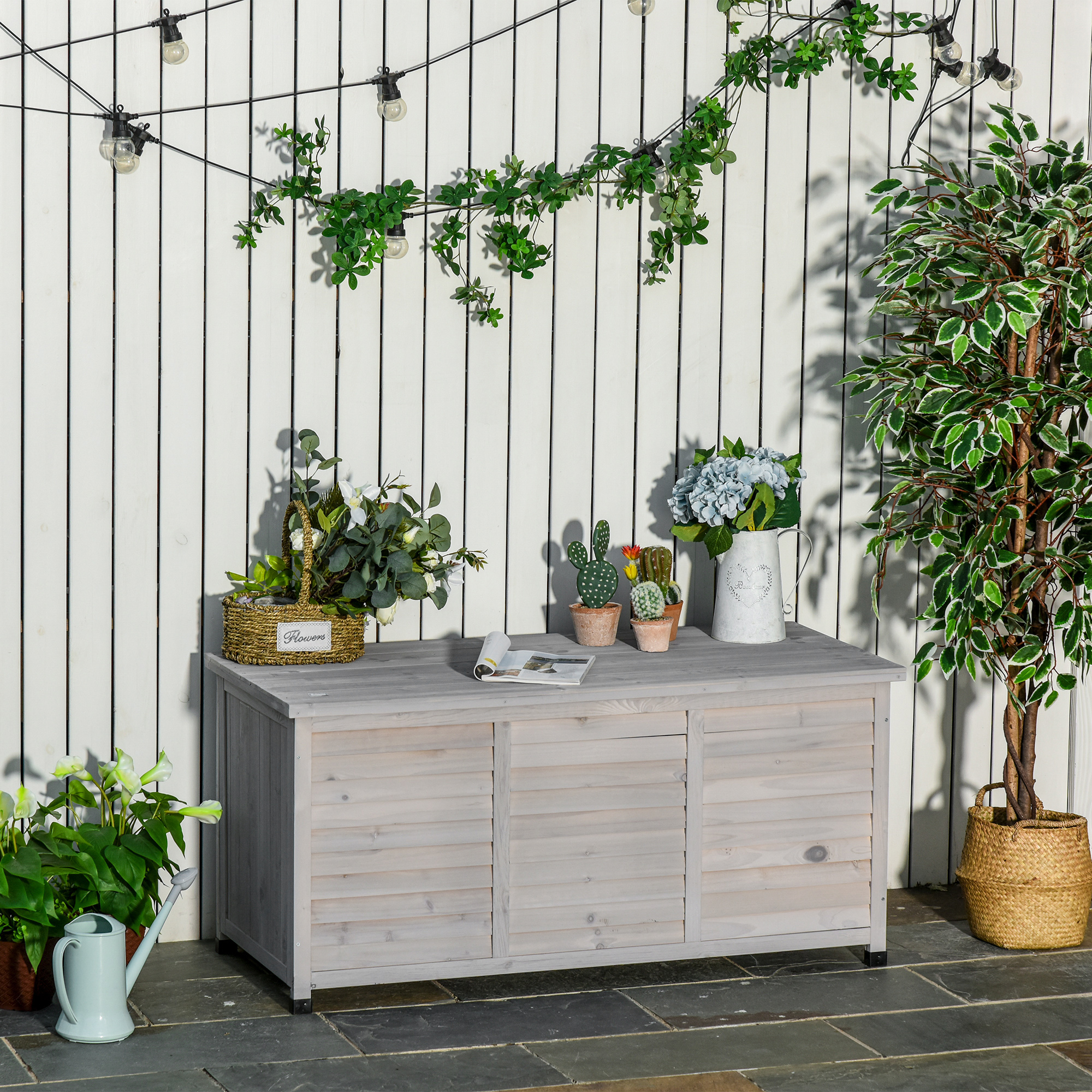 Gartenbox, wetterbeständig, luftdurchlässig, Kissenbox, Aufbewahrungsbox, Fichtenholz, grau, 127 x 56 x 60 cm