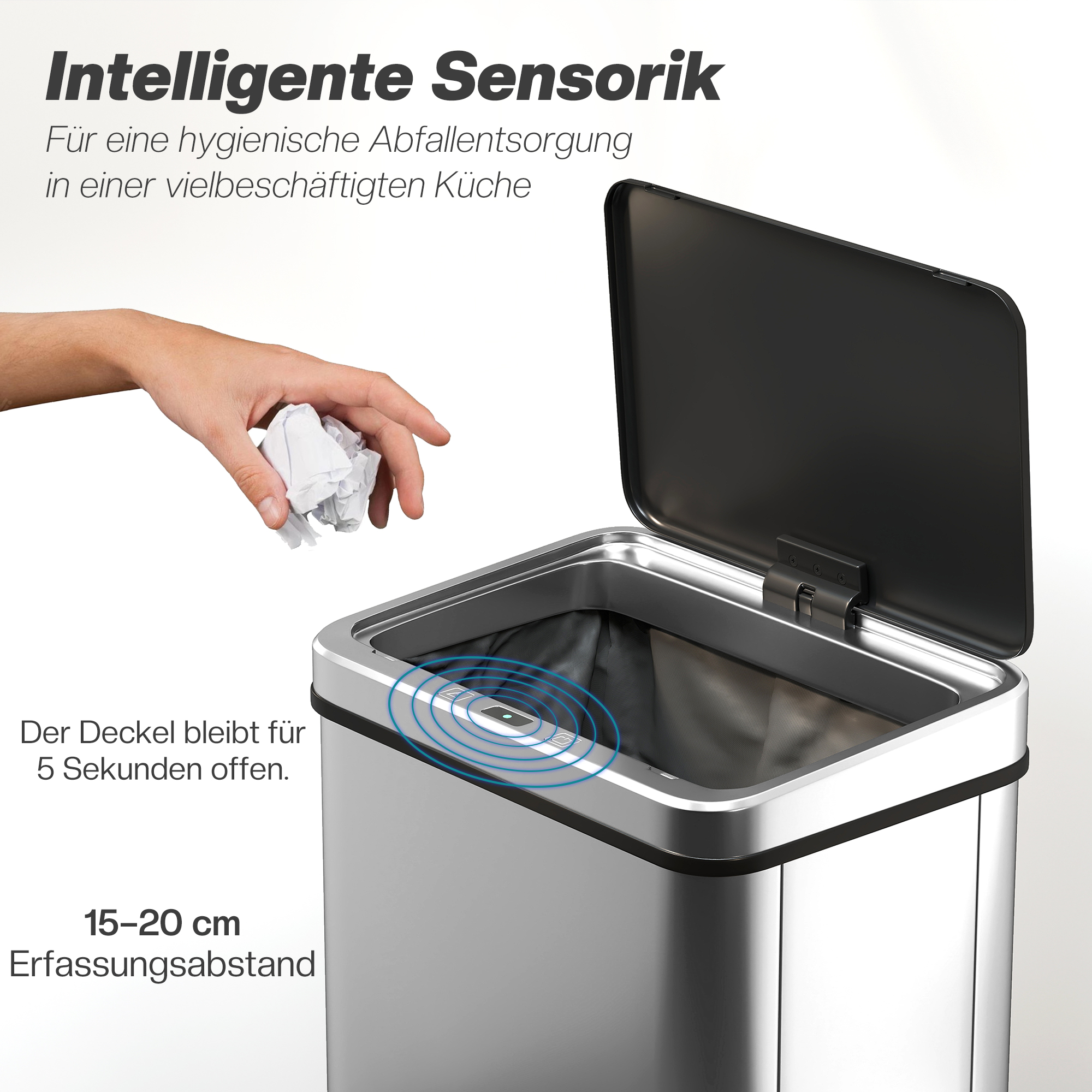 Sensor Mülleimer 40L Edelstahl Automatischer Mülleimer mit Soft-Close-Deckel Bewegungssensor 35,5 x 26 x 55 cm Silber
