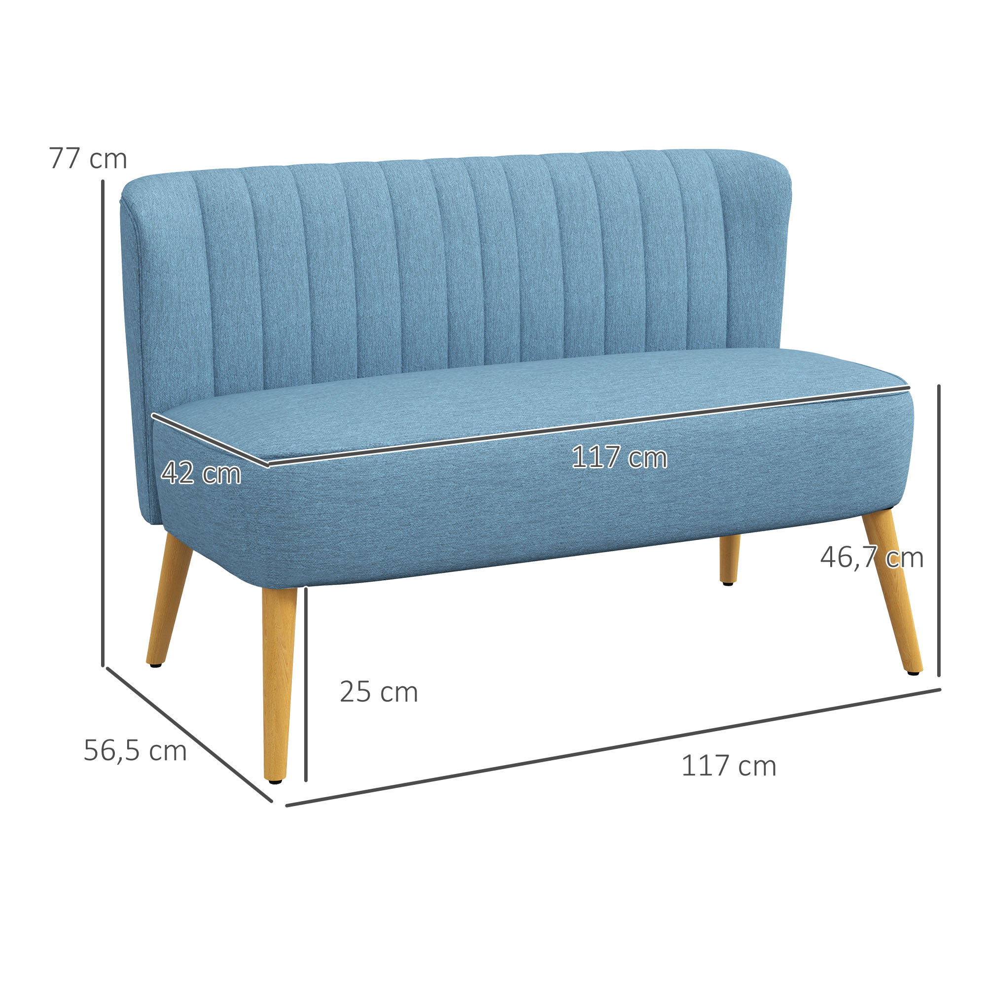 2-Sitzer Sofa im Retro-Look, weiche Polsterung, pflegeleichter Bezug, bis 150 kg, 117 x 56,5 x 77 cm, Blau