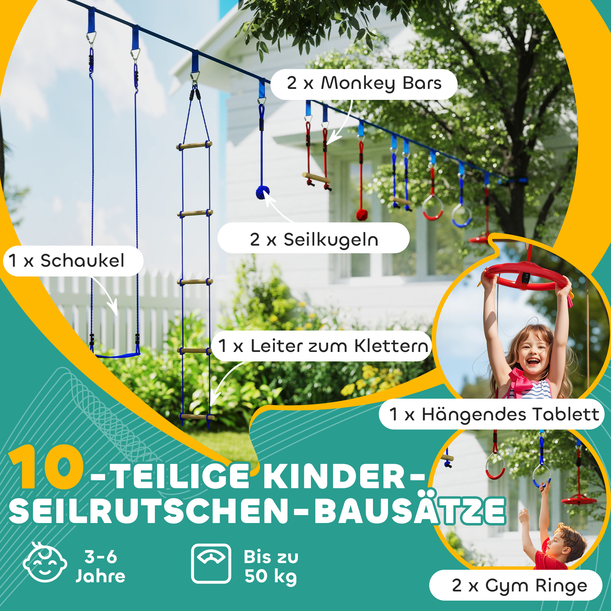 6 Seilrutschen-Kits für Kinder, 50 kg Belastbarkeit, 3-6 Jahre, Tragetasche, Blau