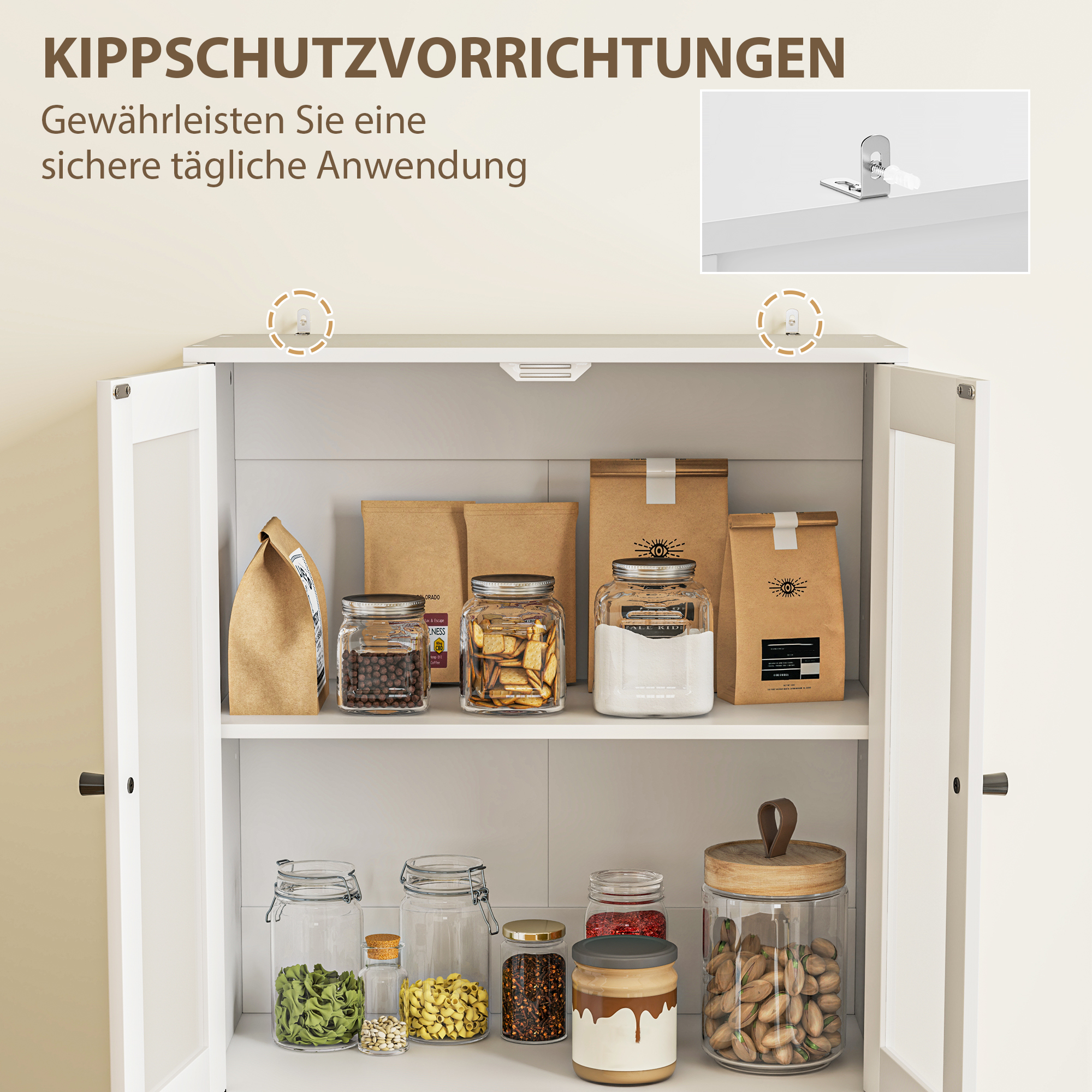 Küchenschrank mit Schubladen und Glastüren, Melamin-Oberfläche, Weiß