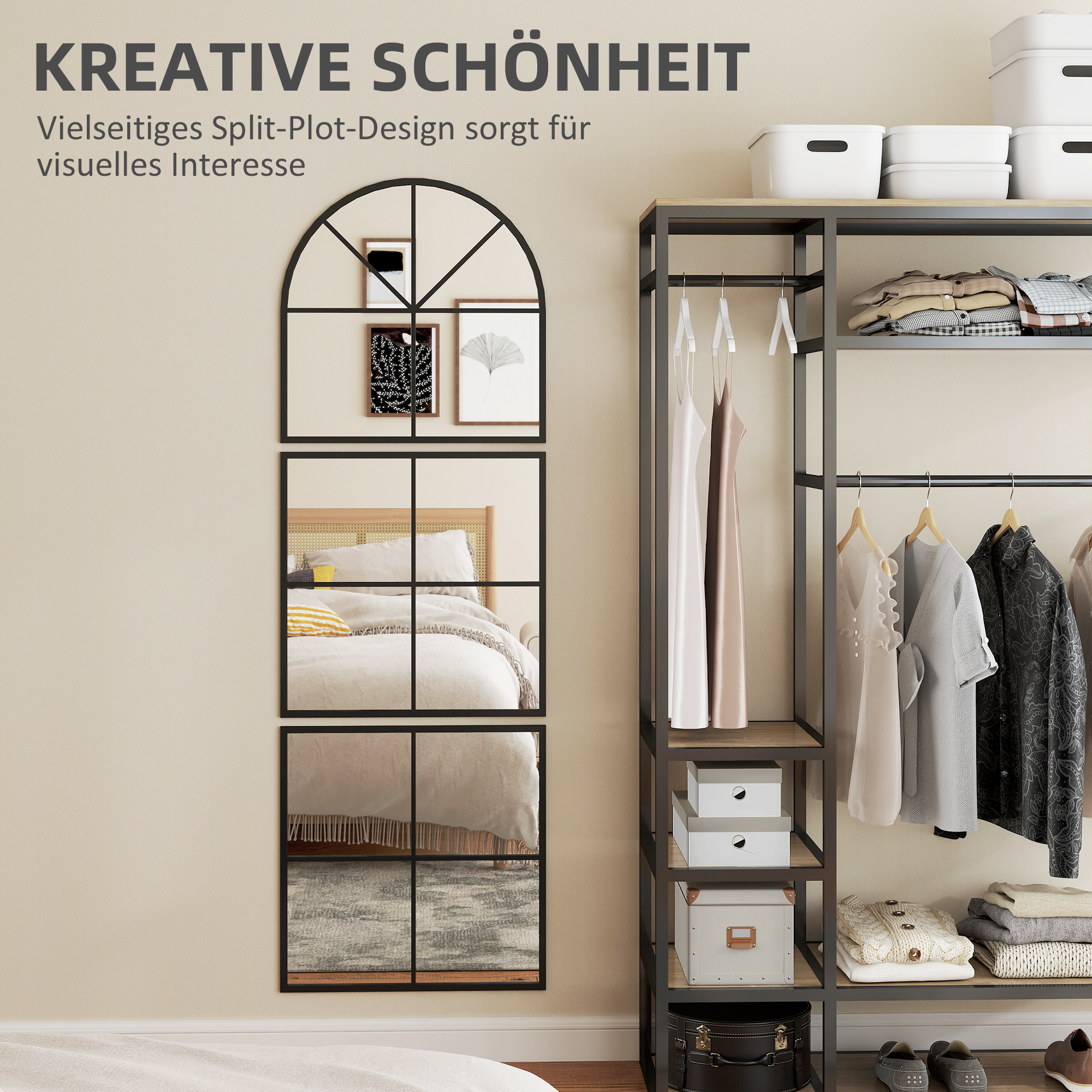 Wandspiegel dreiteilig, bogenförmiger Spiegel mit Metallrahmen, dekorativ 60 x 2 x 180 cm Schwarz