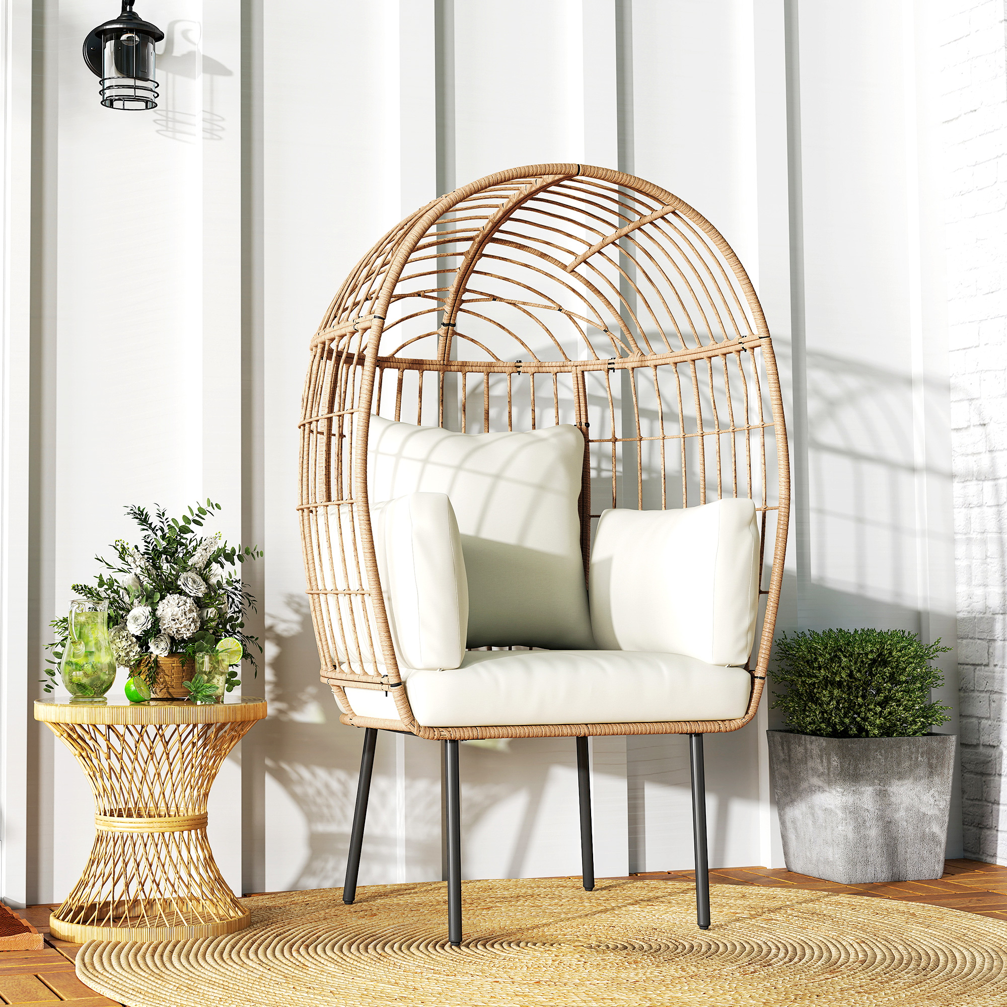 Rattansessel Ei-Förmig mit abnehmbarem Kissen, Polster, Outdoor Sessel aus Rattan 95 x 80 x 155 cm Beige