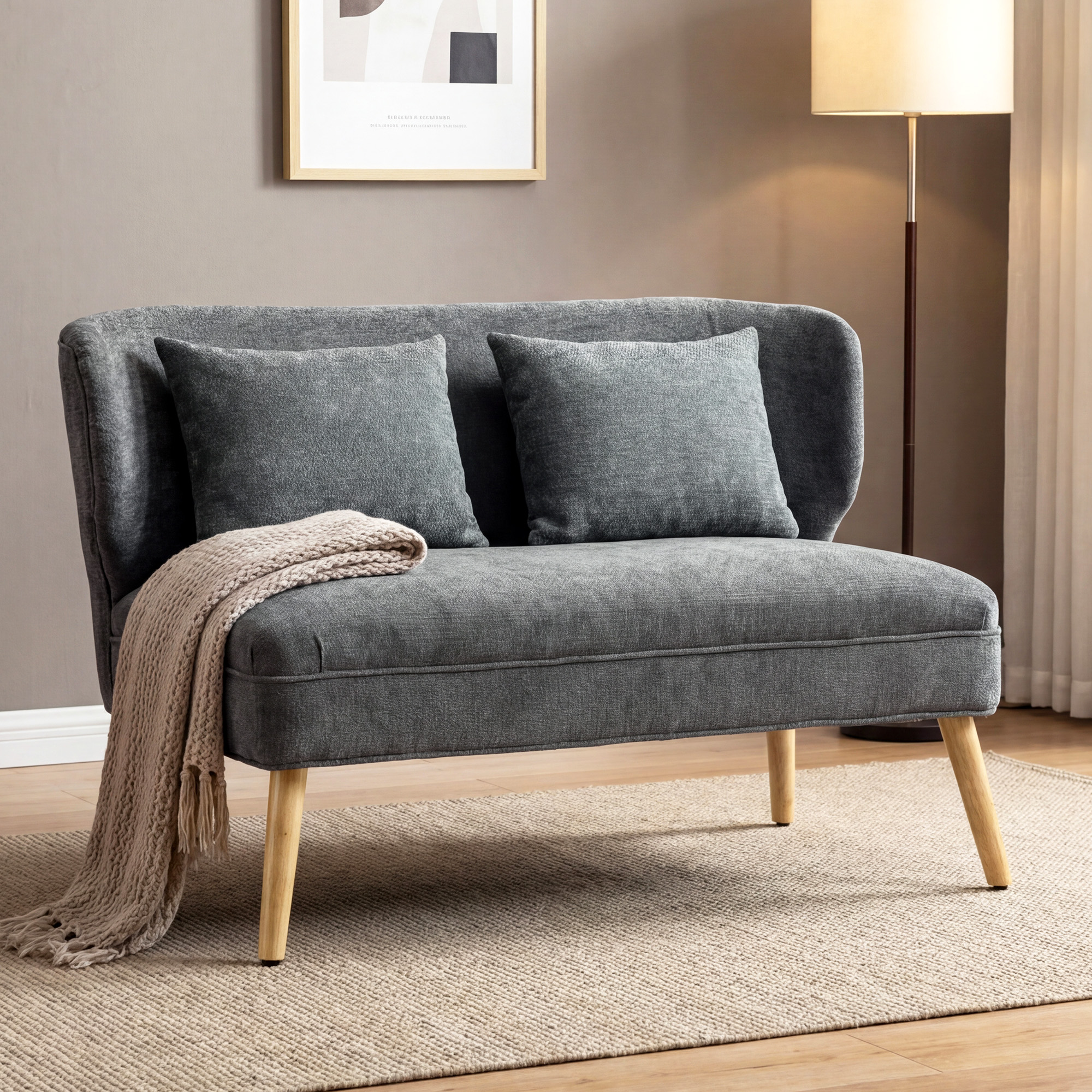 2-Sitzer-Sofa, kleines Chenille-Sofa mit Flügelrücken, dickem Sitz, Gummibaumholzfüßen, Grau