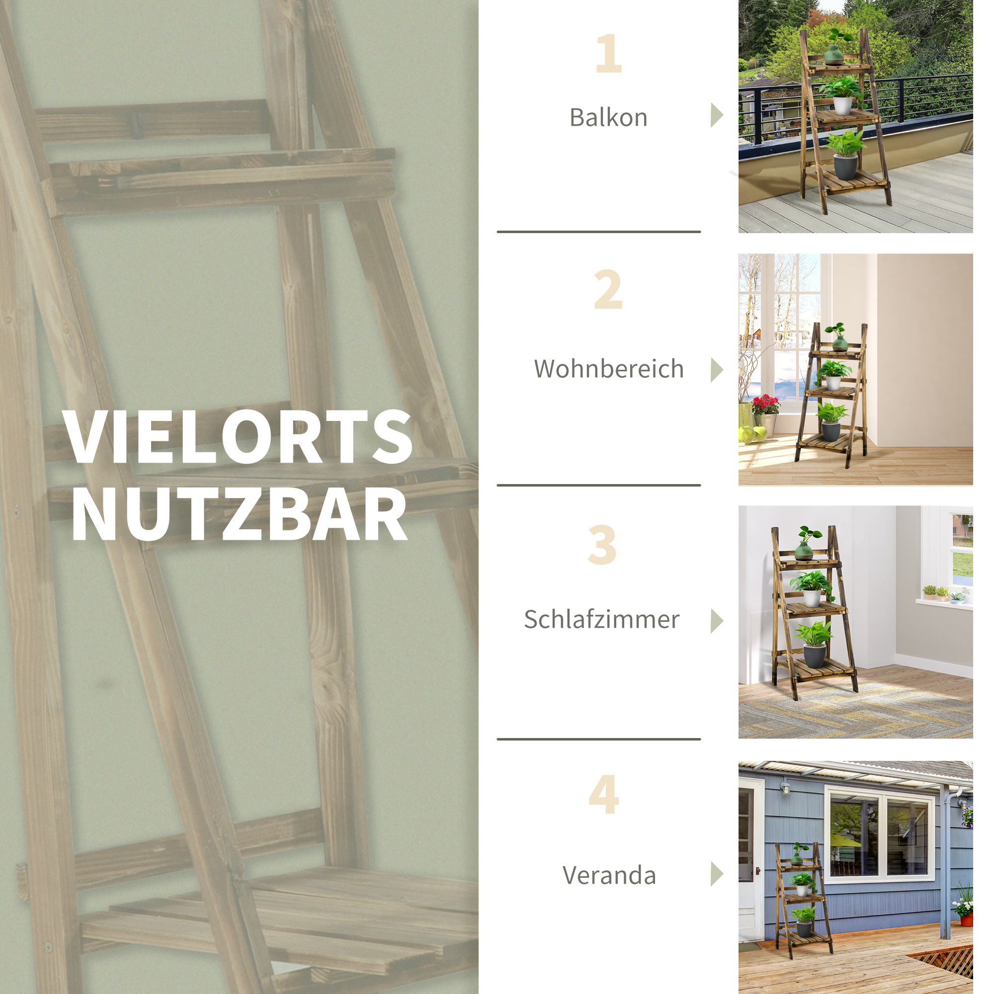 3-Etagen Pflanzenständer, klappbarer 93 cm hoch Blumenständer für Innen Außen, Pflanzenregal aus Holz, Blumentopfständer mit Tabletts, Blumentreppe für Wohnzimmer, Garten Balkon, Dunkelbraun