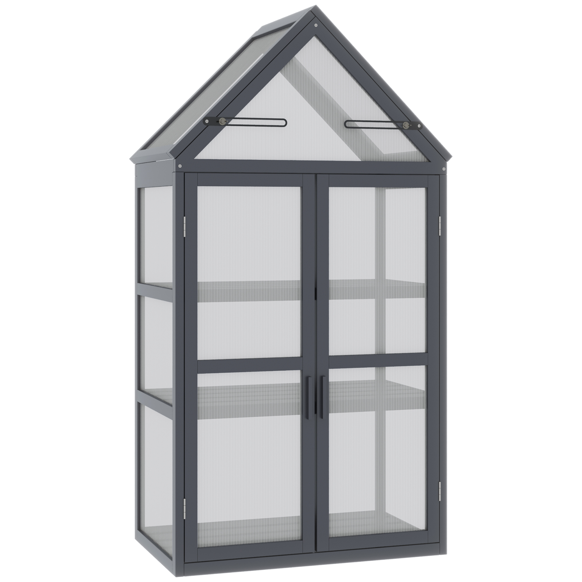 Frühbeet Mini Gewächshaus 3 Ebenen Treibhaus Pflanzenbeet mit aufklappbarem Dach Doppeltüren aus Holz Polycarbonat wetterfest Natur 70,5 x 42 x 132 cm