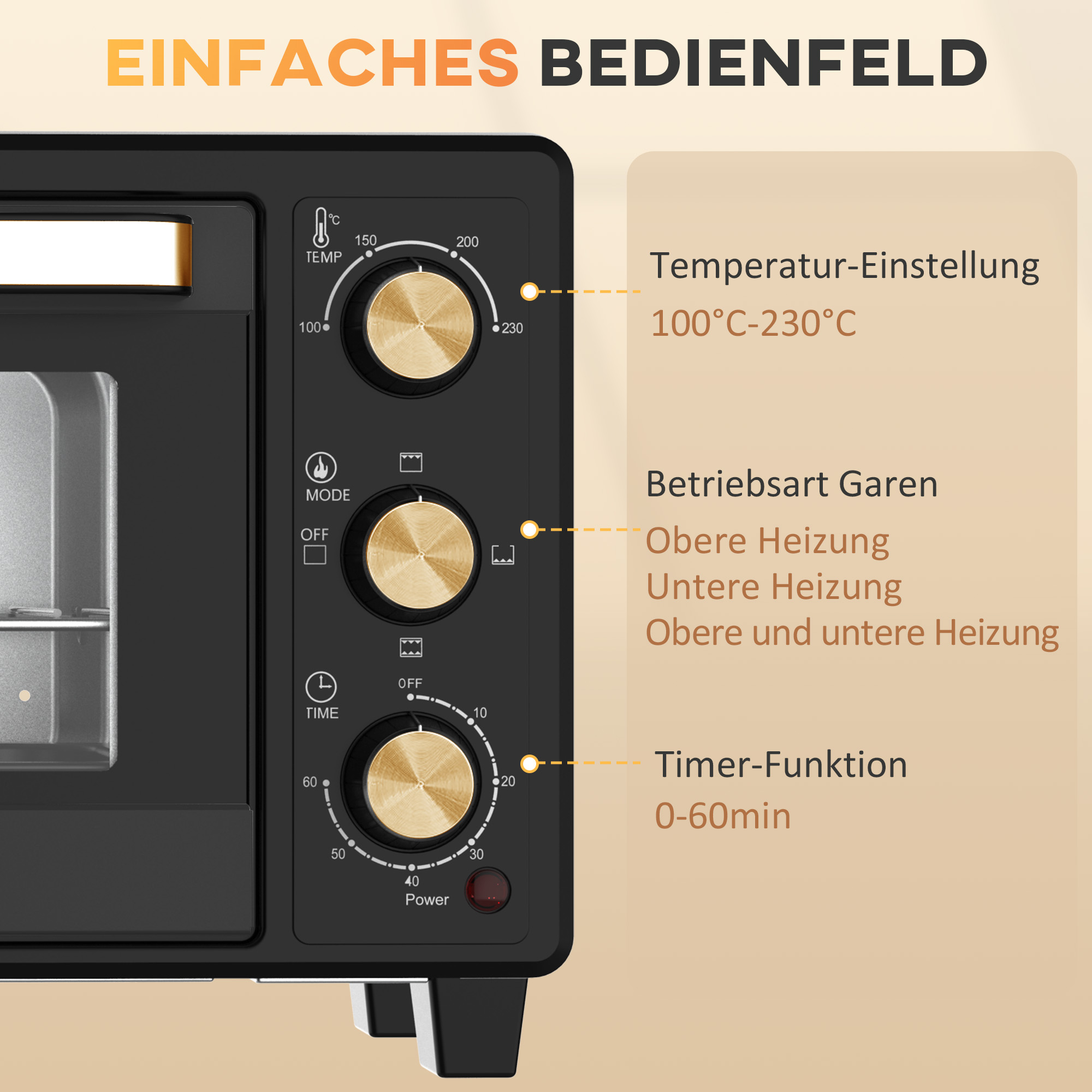 Mini-Ofen, Toasterofen, Timer, Gitterrost, Backblech, Glasfenster, Metall, Schwarz