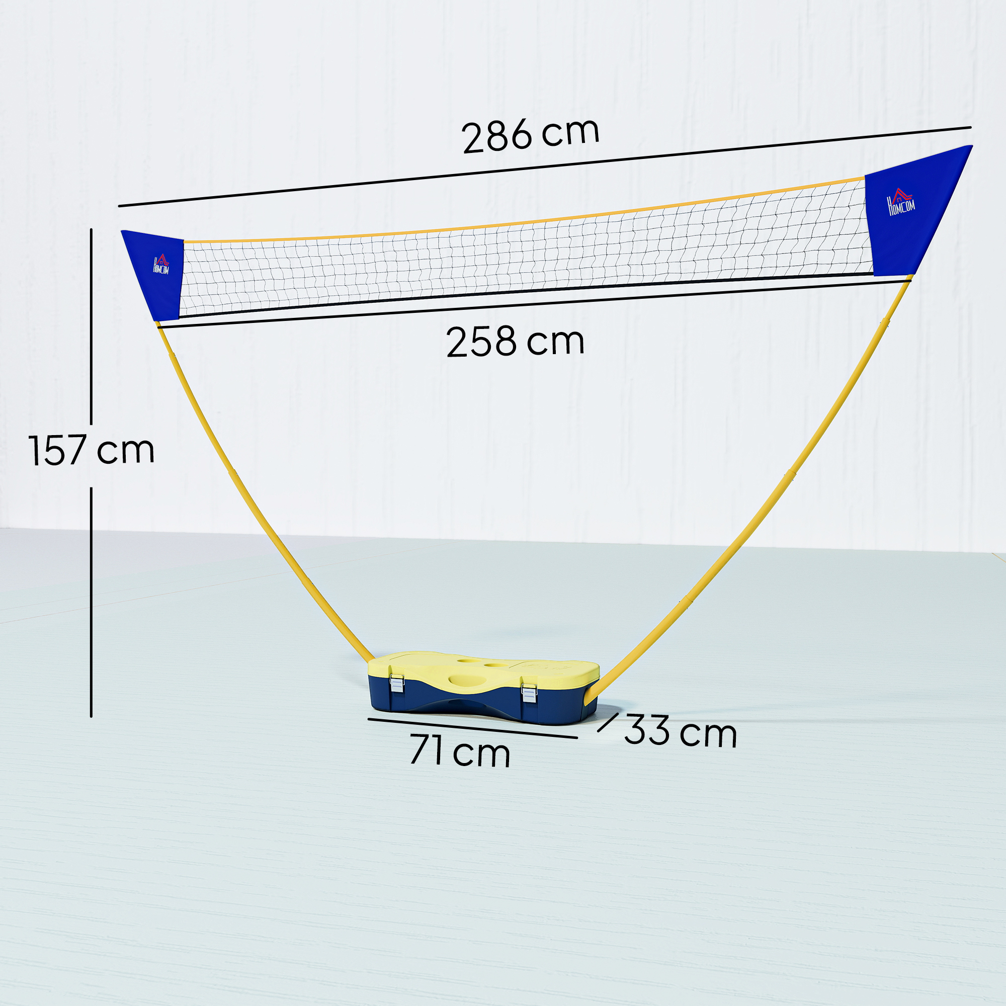 Badminton Netz mit Stand, Badminton-Netzständer, tragbarer Netzständer, Badmintonnetz mit 4 Badminton-Schlägern, Outdoor-Sport, Gelb+Blau, 286 x 33 x 157 cm
