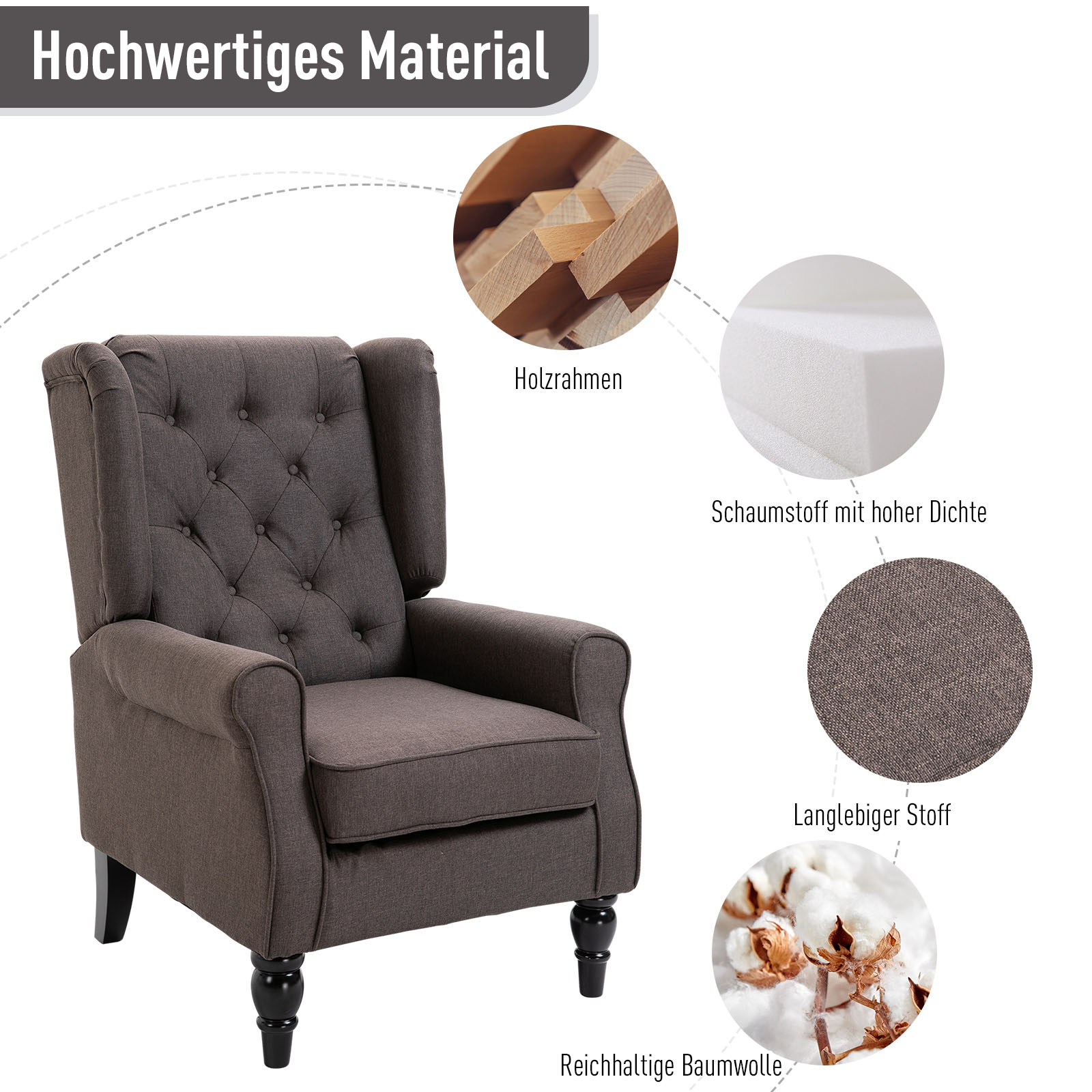 Ohrensessel Sessel mit Tufting, hoher Rückenlehne, Gepolstert Loungesessel mit abgerundeten Armlehnen, Holzbeine, für Schlafzimmer, Wohnzimmer, bis 160 kg, Braun