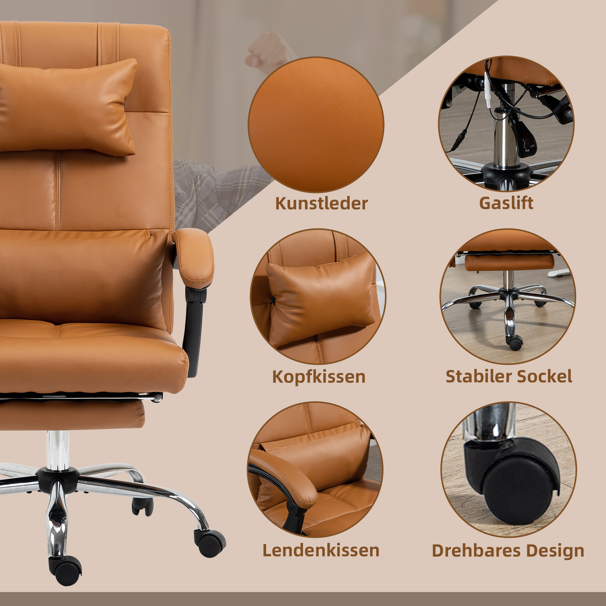 Bürostuhl mit Massagefunktion, ergonomisch, 66x67x114-122cm, Hellbraun